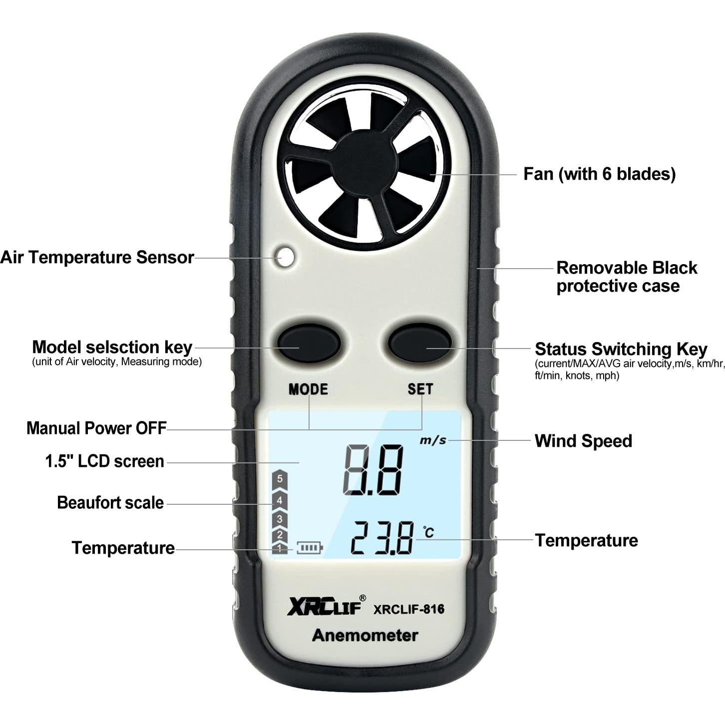 Anemómetro Digital XRCLIF de Mano con Termómetro - 0-30 m/s