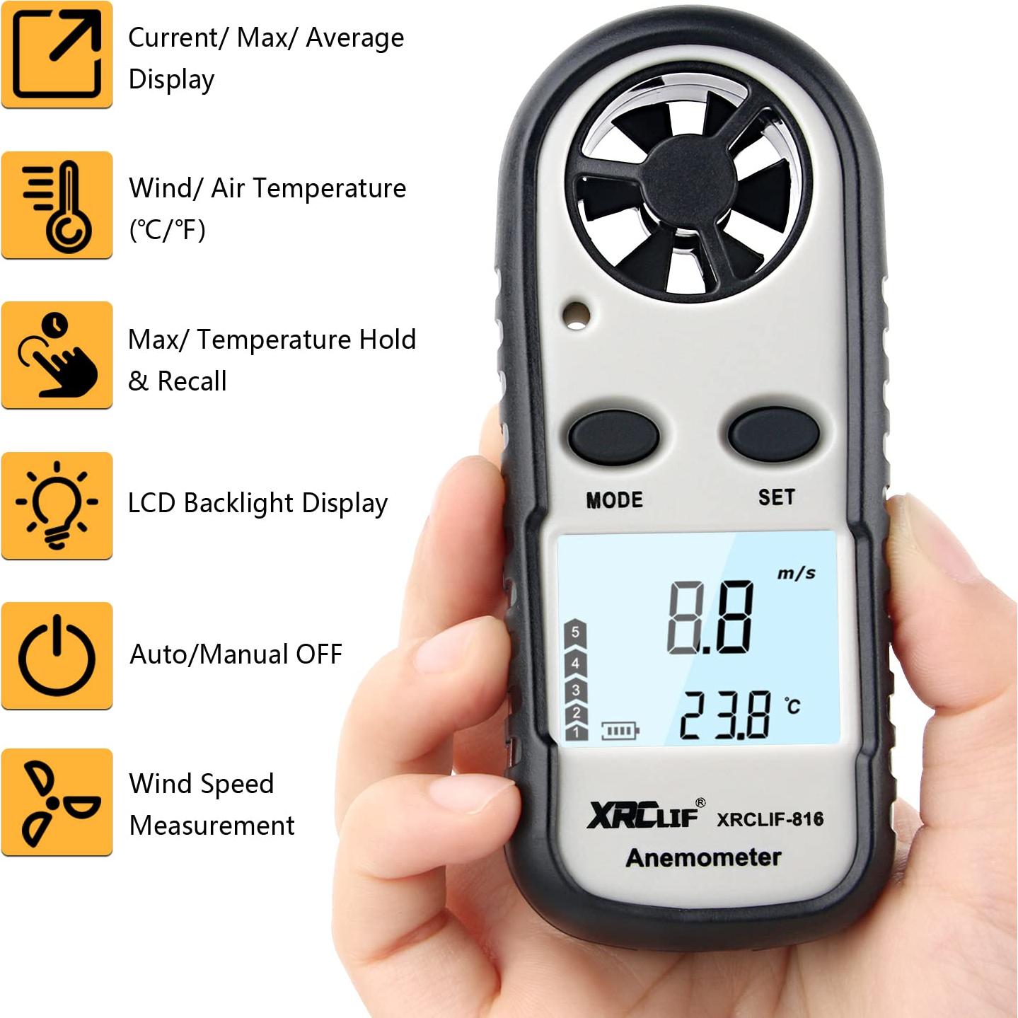 Anemómetro Digital XRCLIF de Mano con Termómetro - 0-30 m/s