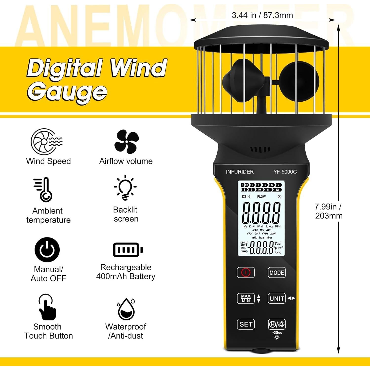 Anemómetro Digital INFURIDER 5000G Portátil Impermeable