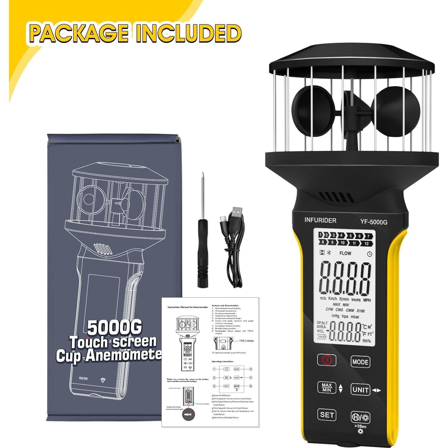 Anemómetro Digital INFURIDER 5000G Portátil Impermeable