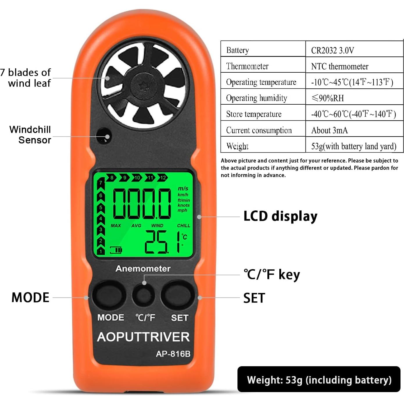 Anemómetro Digital AOPUTTRIVER AP-816B, Mini Medidor de Viento