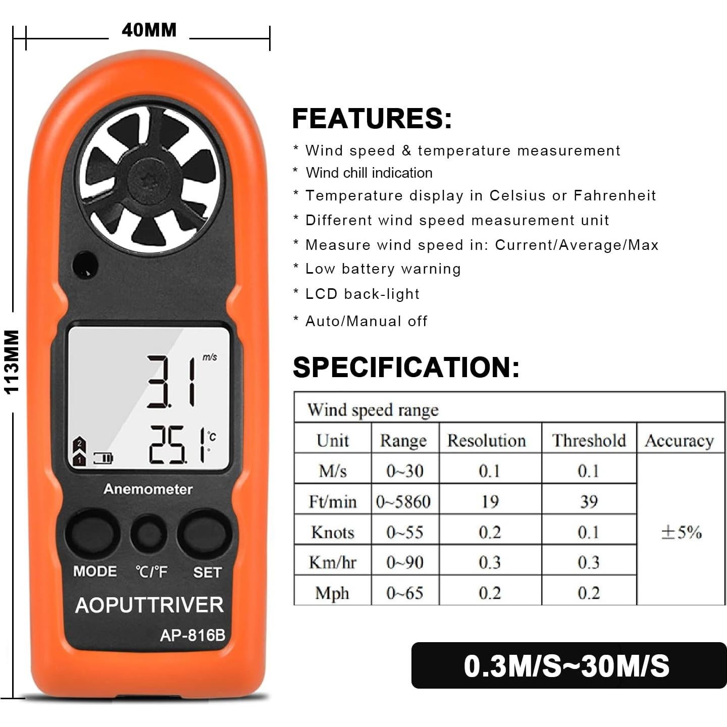 Anemómetro Digital AOPUTTRIVER AP-816B, Mini Medidor de Viento