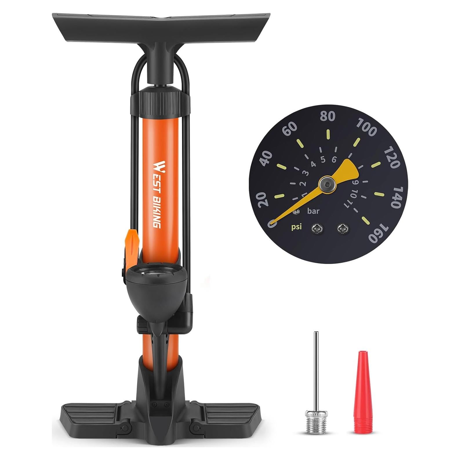 Bomba de Pie West Biking 160 Psi con Manómetro Naranja