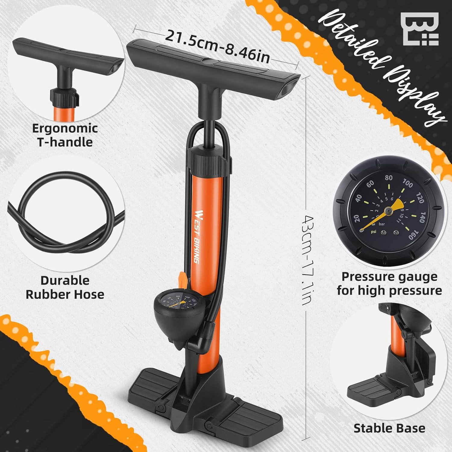 Bomba de Pie West Biking 160 Psi con Manómetro Naranja