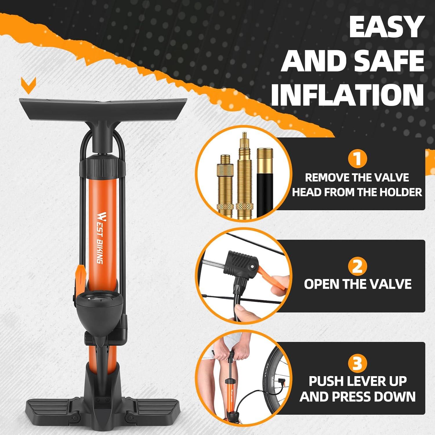 Bomba de Pie West Biking 160 Psi con Manómetro Naranja