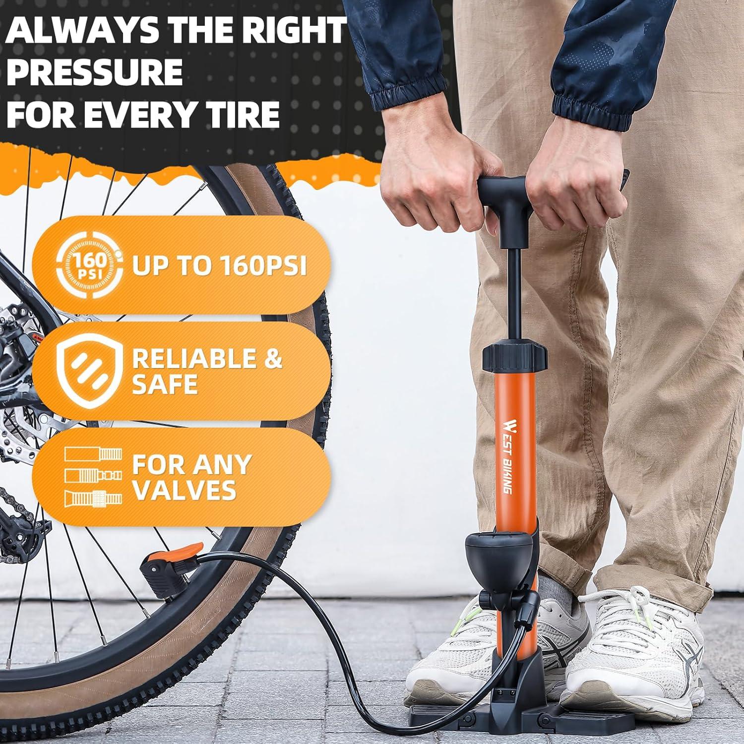 Bomba de Pie West Biking 160 Psi con Manómetro Naranja
