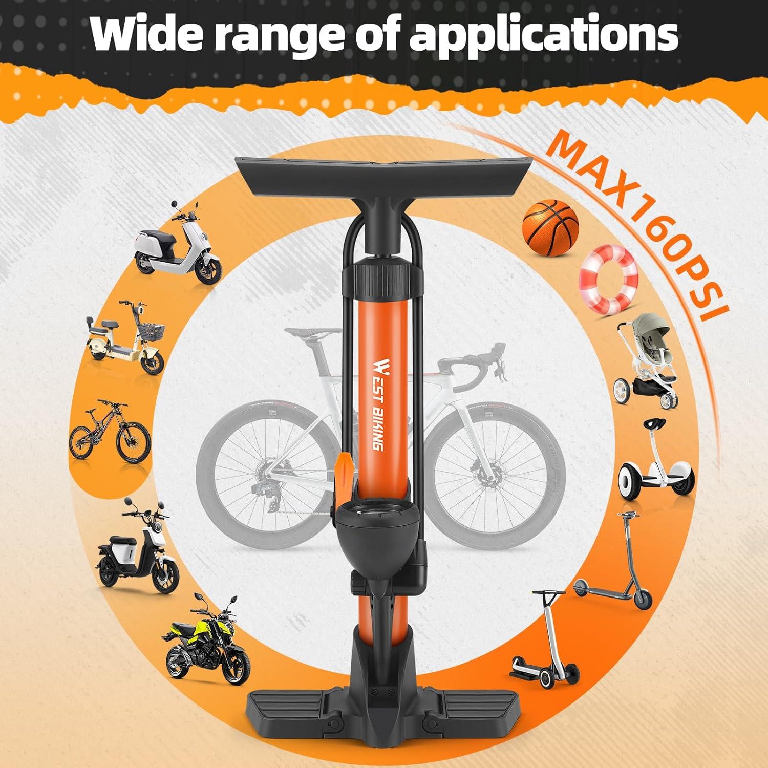 Bomba de Pie West Biking 160 Psi con Manómetro Naranja