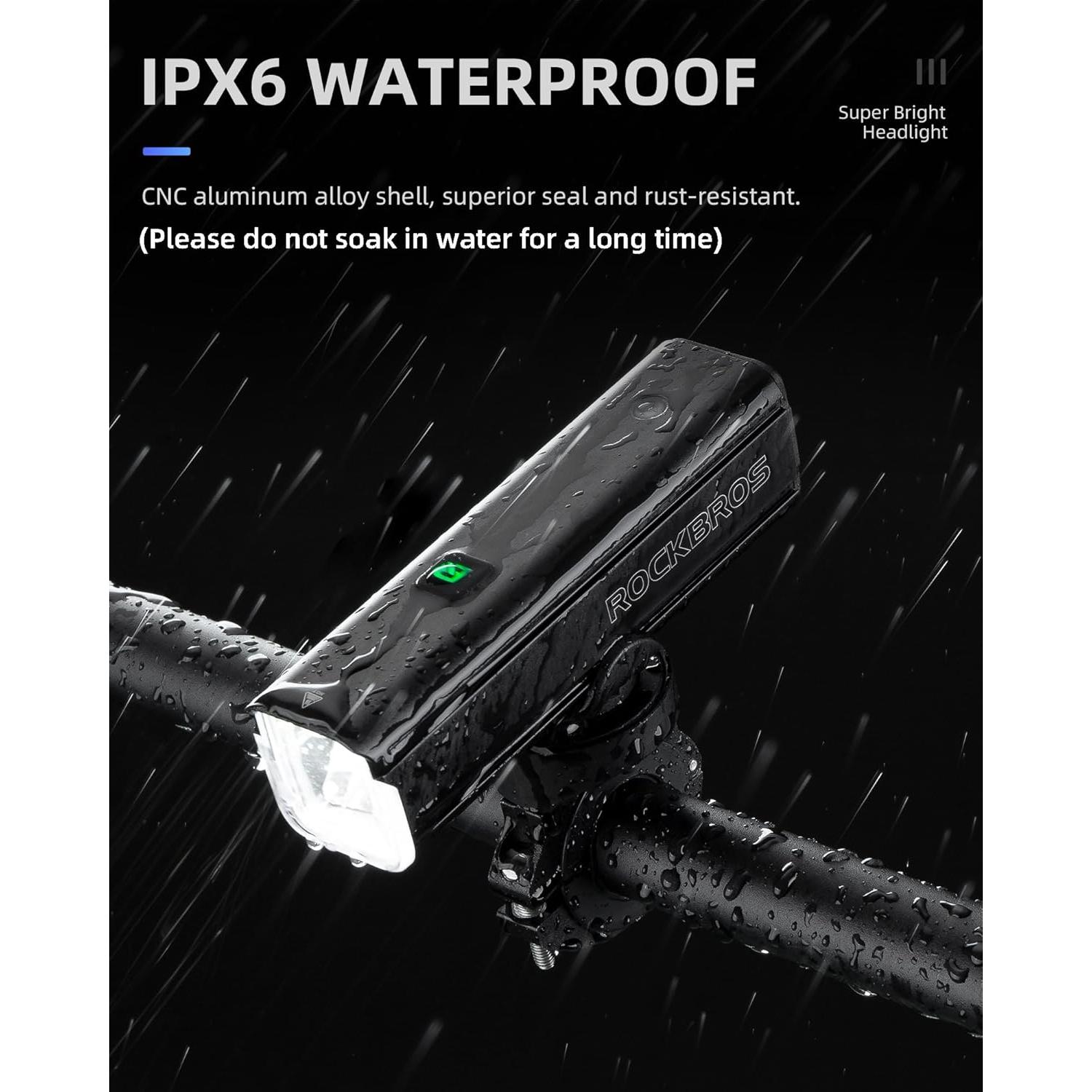 Luz de Bicicleta ROCKBROS 1500 Lúmenes Recargable USB-C IPX6