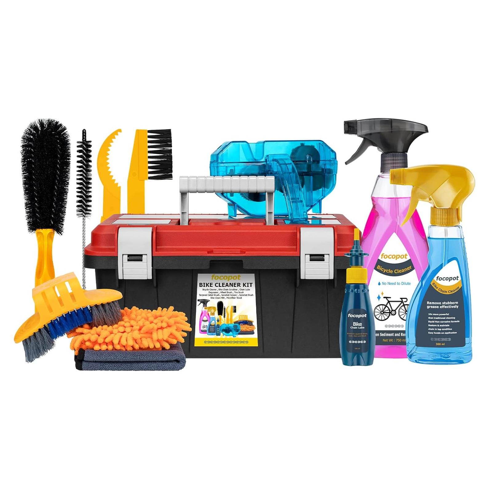 Kit de Limpieza de Bicicleta Focopot 12 Piezas - Limpiador, Lubricante y Cepillos