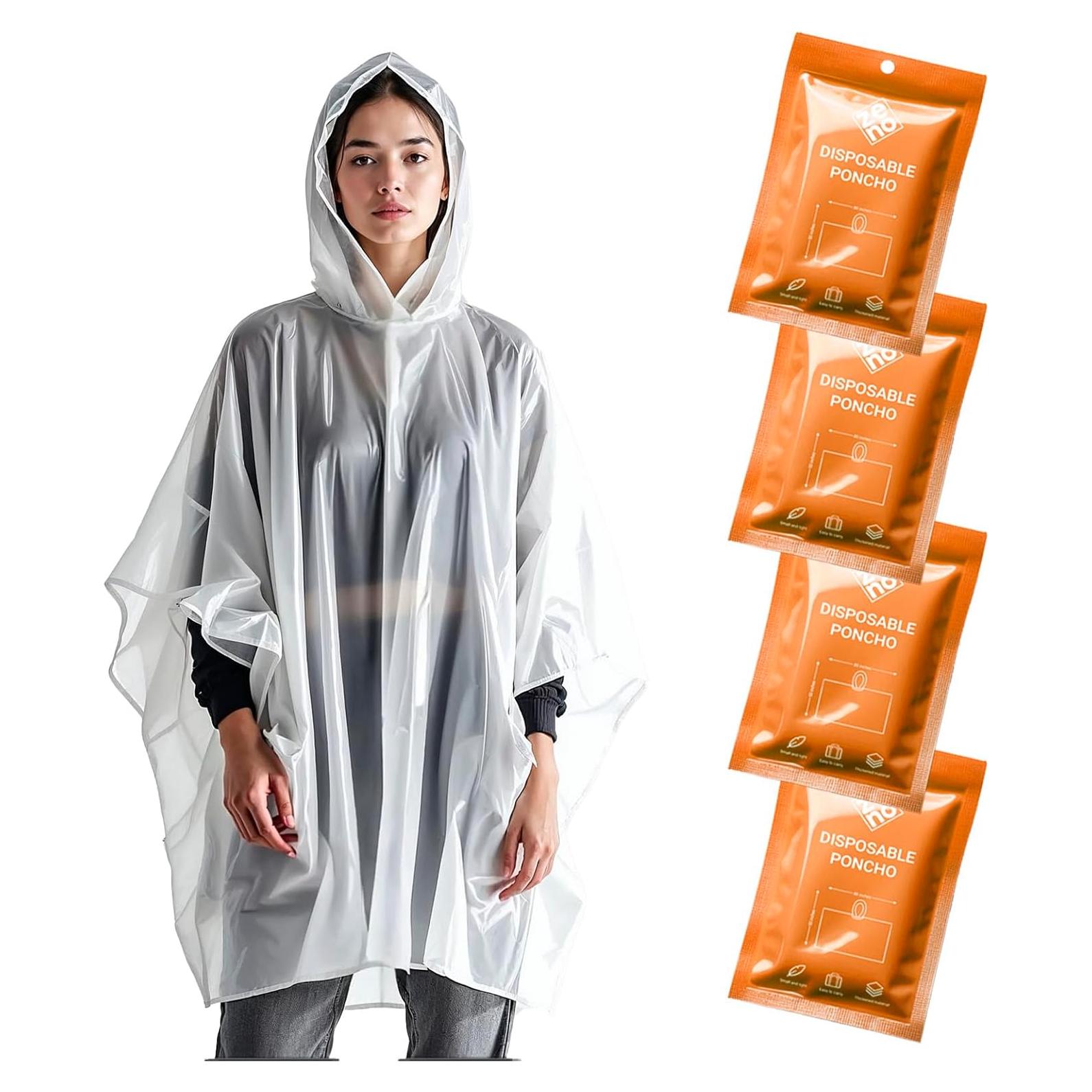 Ponchos Desechables ZENO para Adultos - Transparentes con Capucha - Paquete de 4