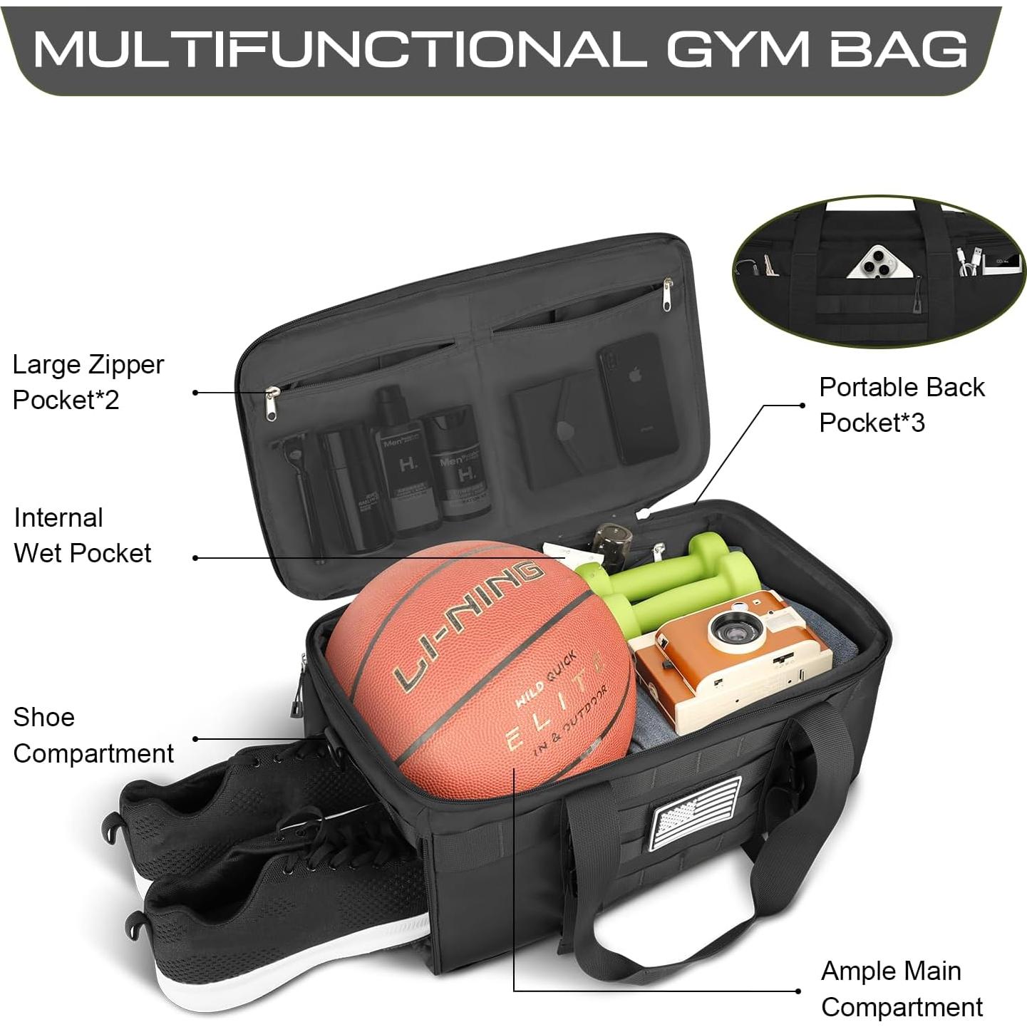 ETRONIK Bolsa de Gimnasio 30L Negra, Duffle Táctica 3 en 1