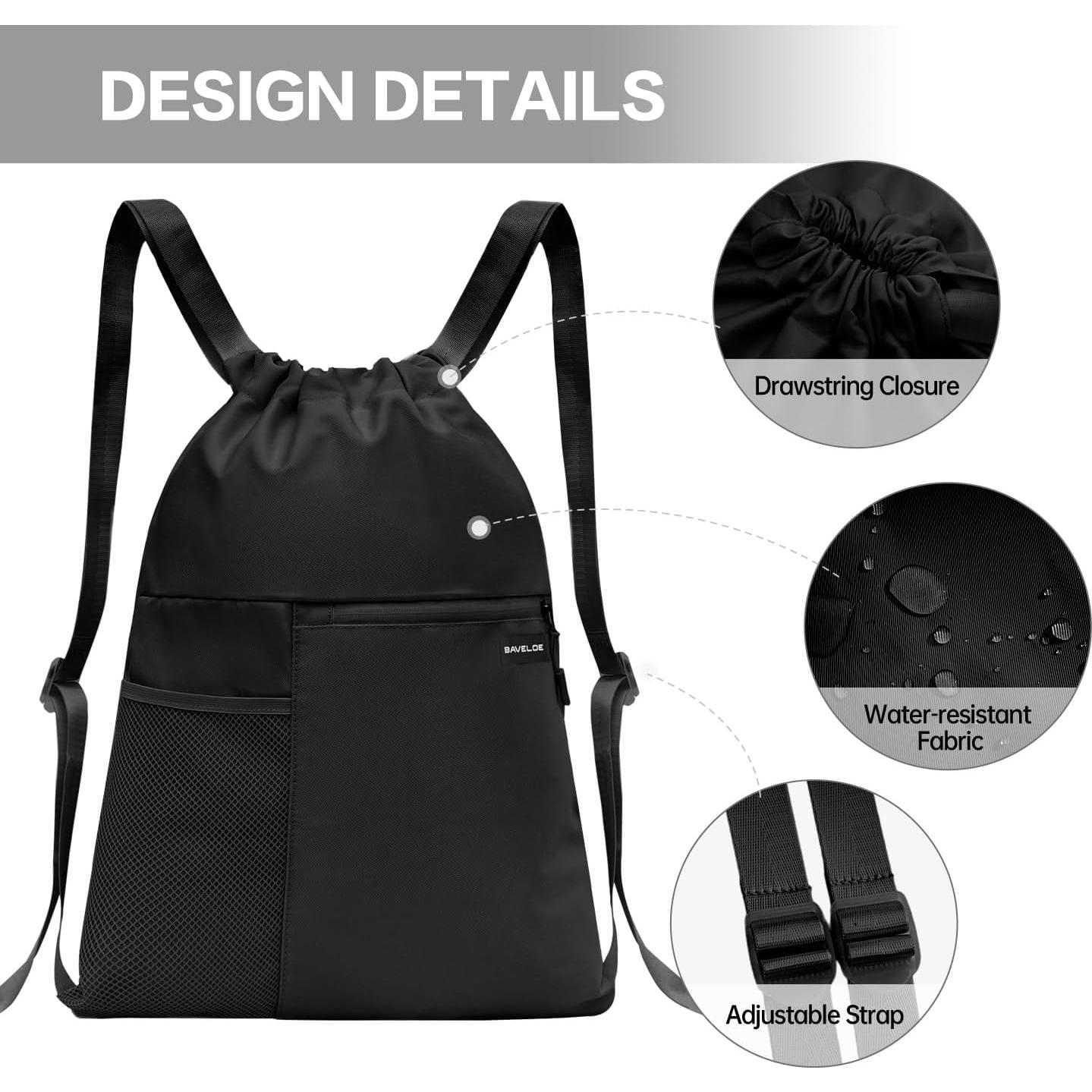 Mochila con Cuerda BAVELOE Resistente al Agua 20L Unisex Negro