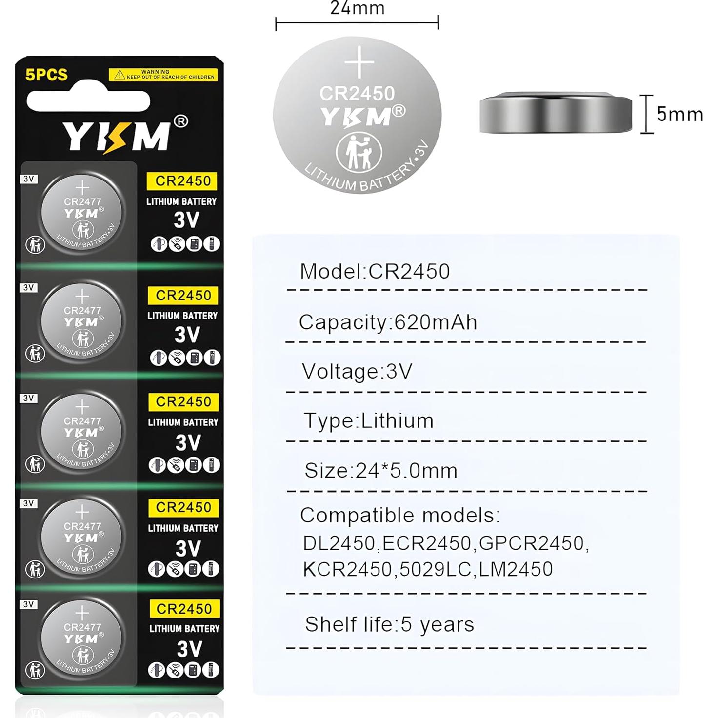 Baterías de Litio YKM CR2450 Paquete de 5, 3V 620mAh