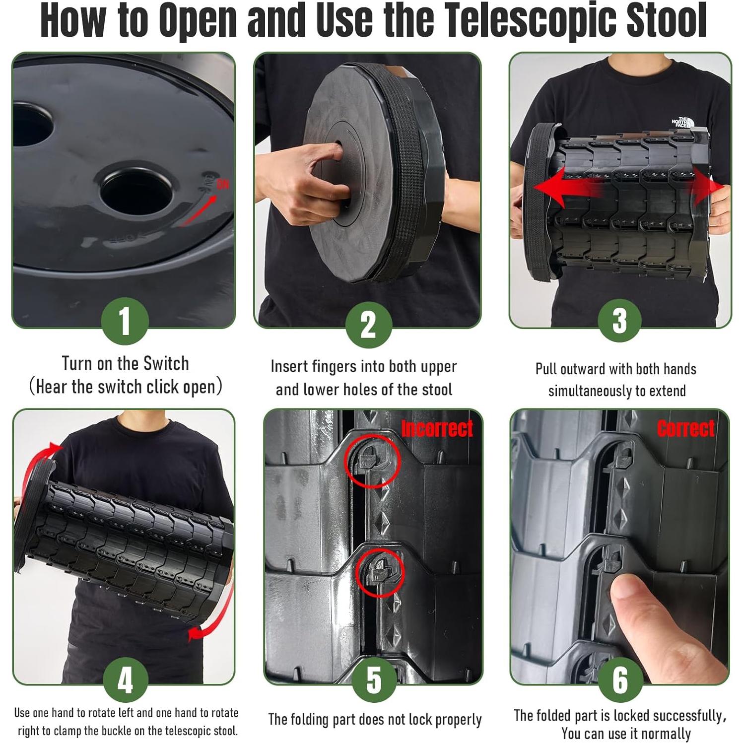 Taburete Plegable Doseno Ajustable 6.1-44.5 cm Negro