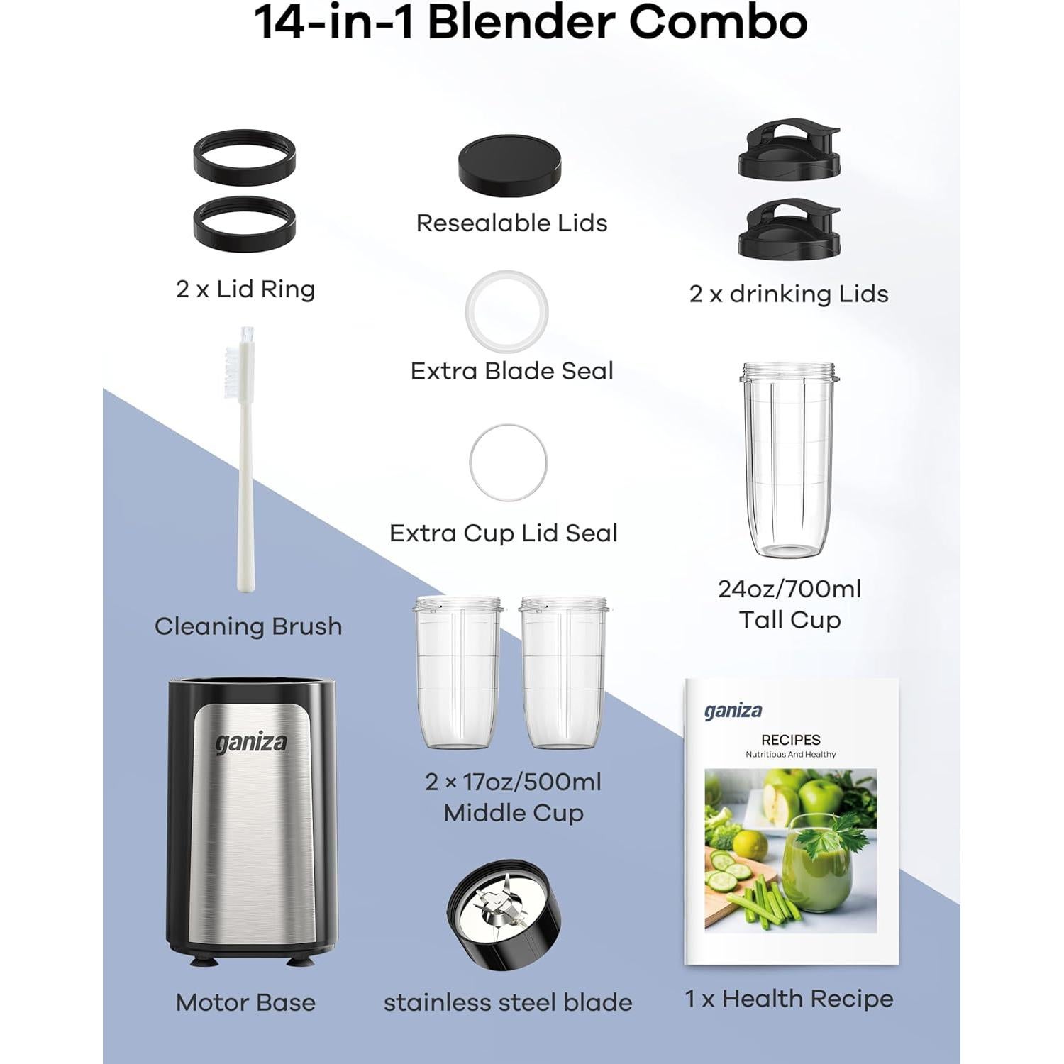 Licuadora Ganiza GB06 14 en 1 para Batidos y Smoothies