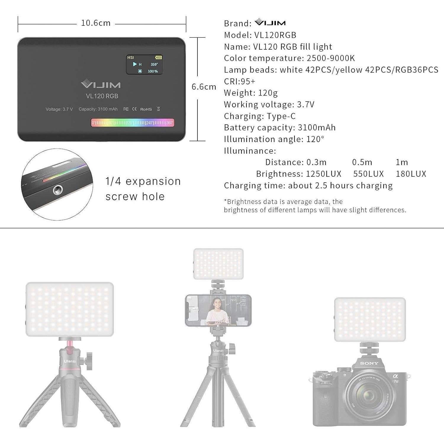 VIJIM VL120 Luz de Video RGB LED Portátil 2500-9000K