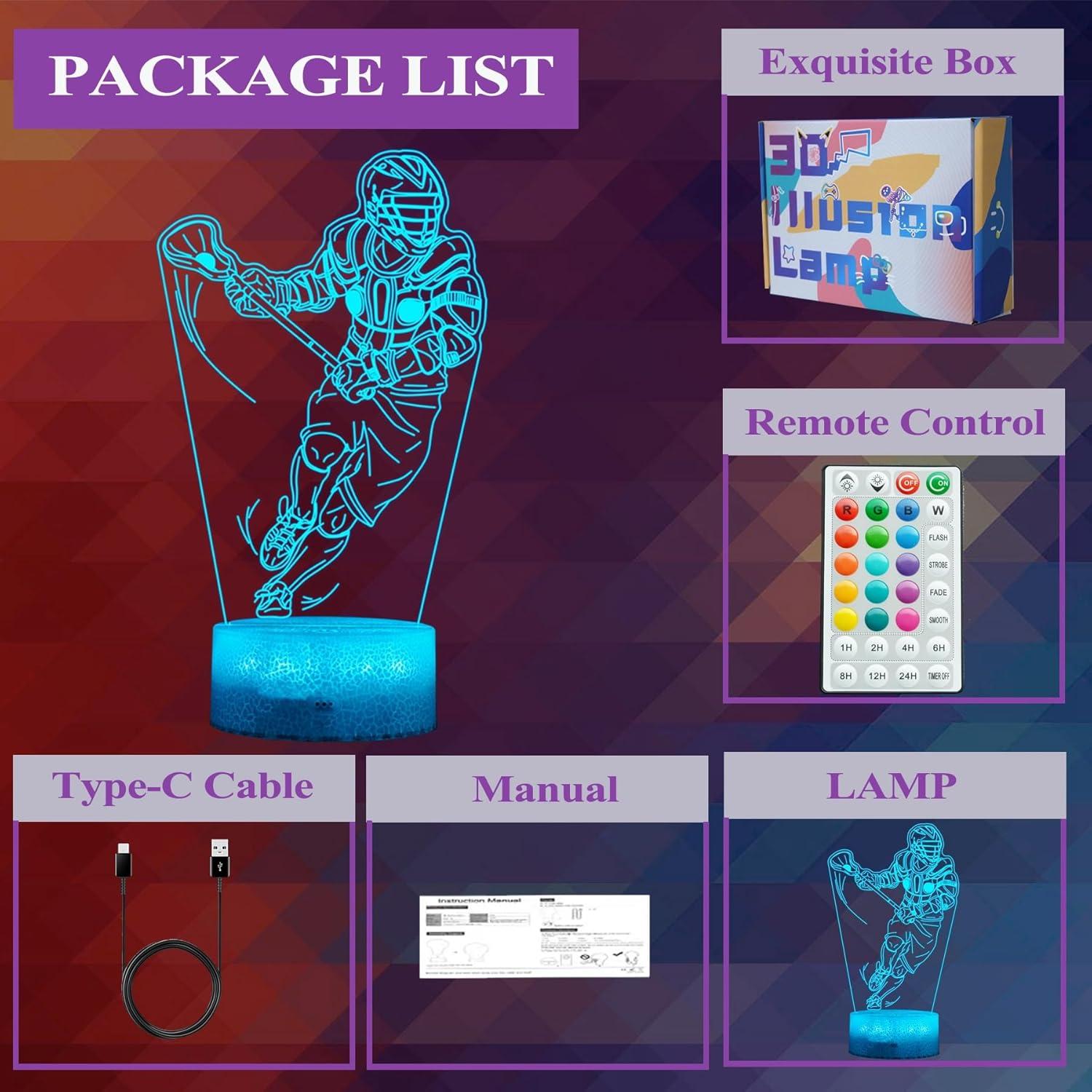 Luz Nocturna 3D Lacrosse con Control Remoto 16 Colores