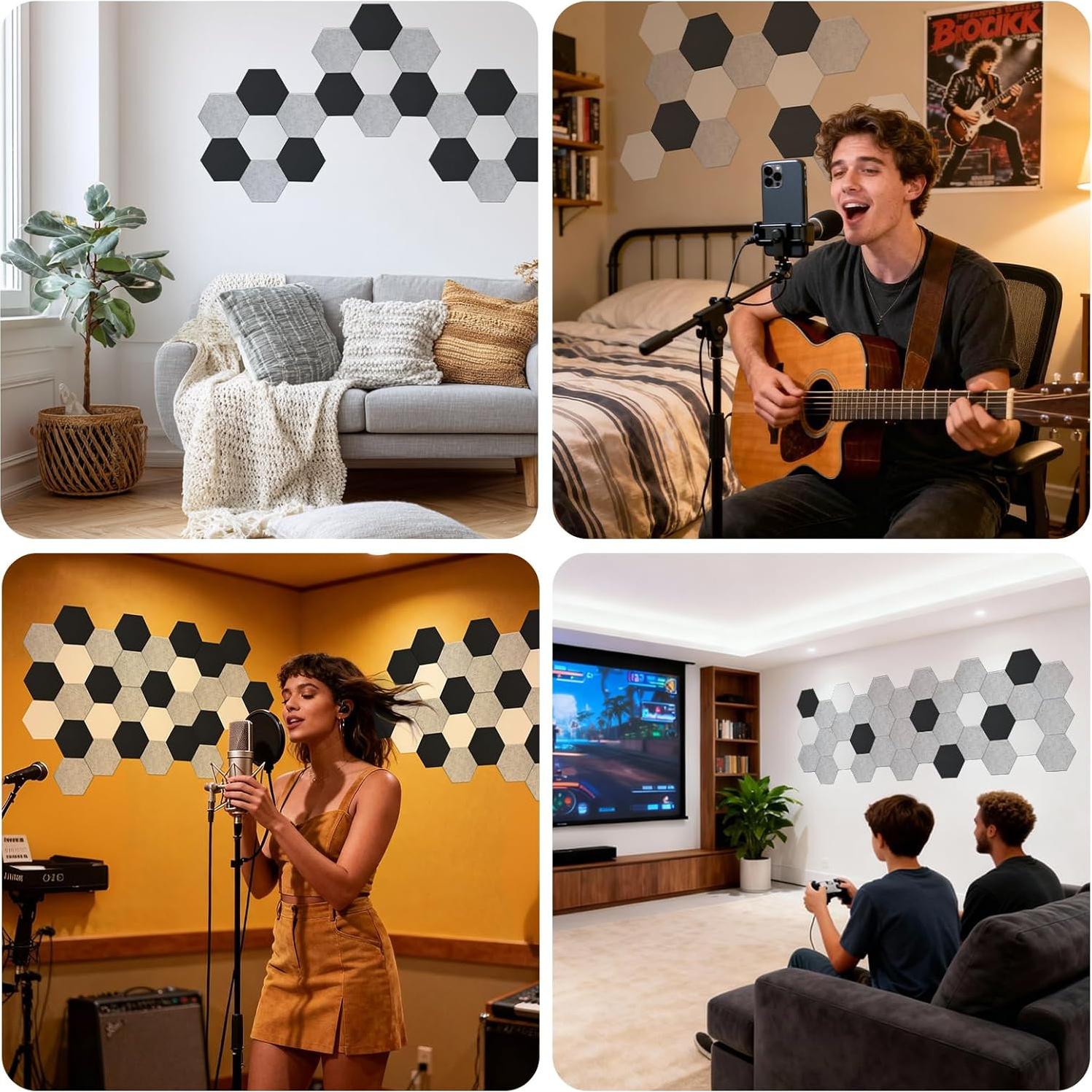 Paneles Acústicos Hexagonales 24-Pack Grises 30.5x22.9cm