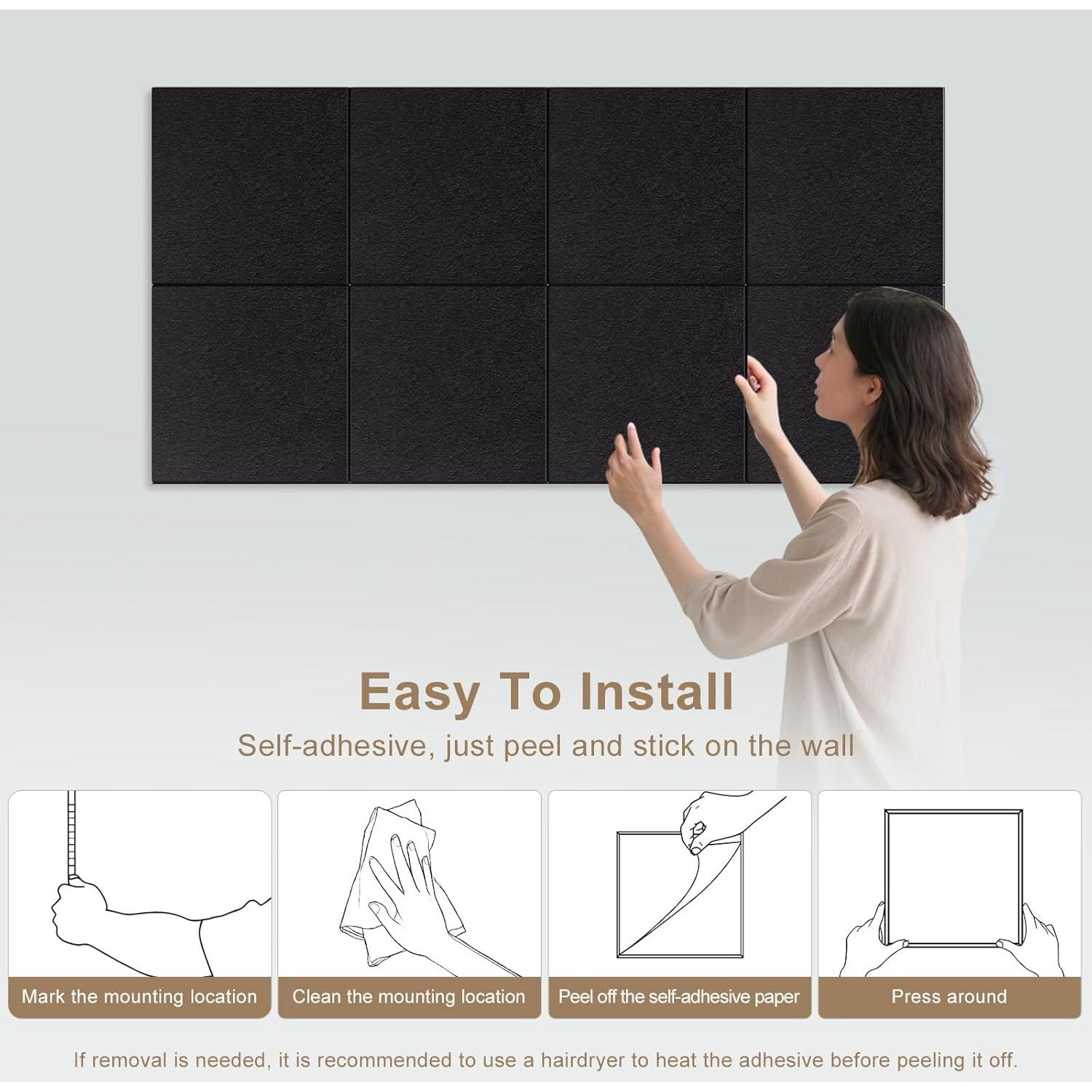 Tablero de Corcho Autoadhesivo Fieltro Negro 12 Piezas 30x30cm