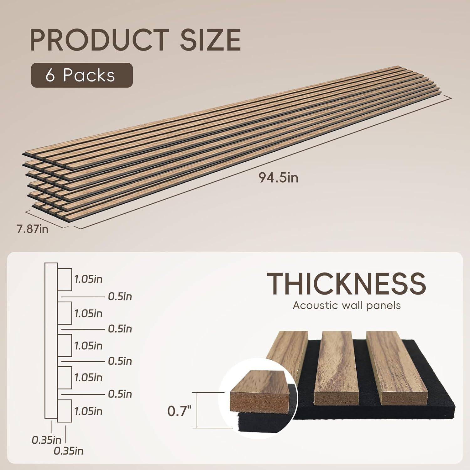 Paquete de 6 Paneles Acústicos de Madera Nogal Natural 240 cm