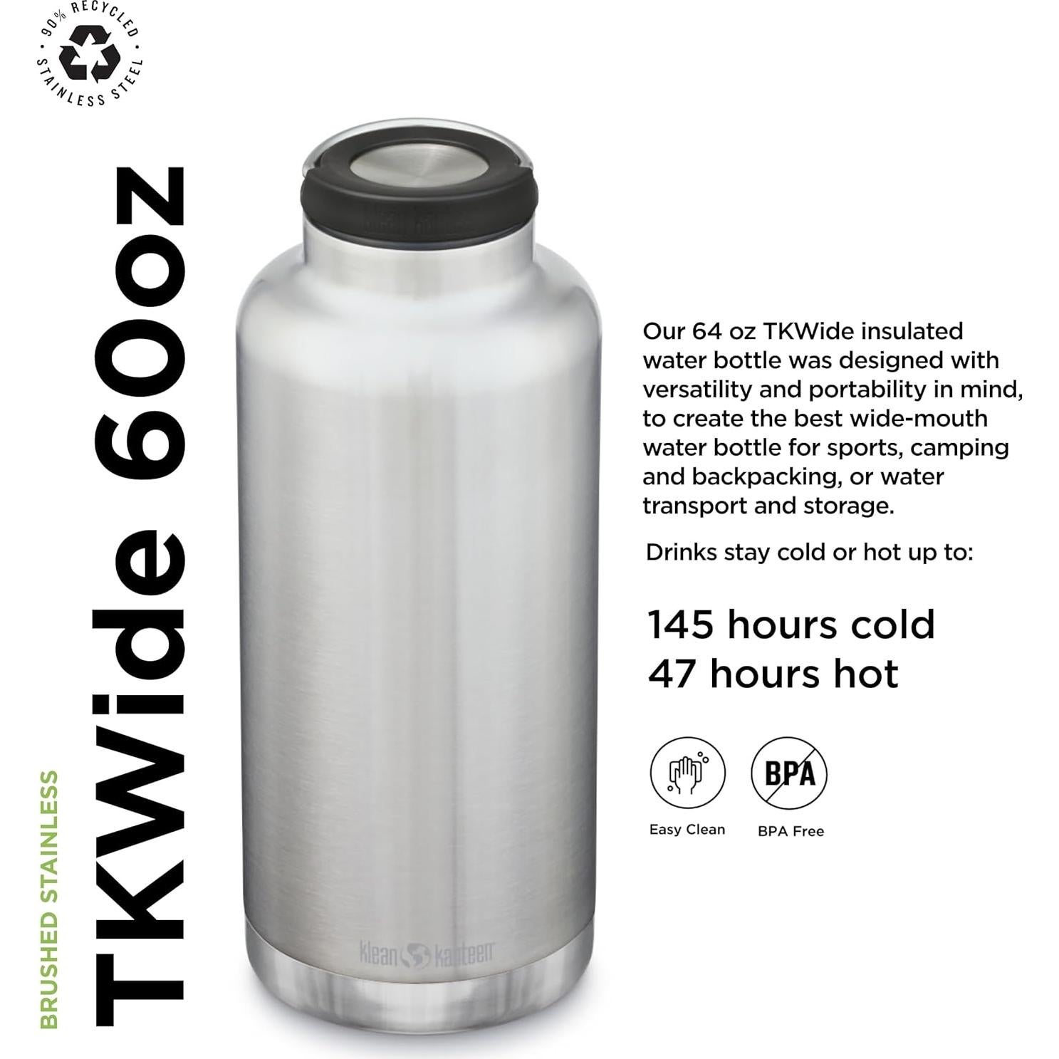 Botella de Agua Aislada Klean Kanteen TK Wide 1.89 L Acero Inoxidable