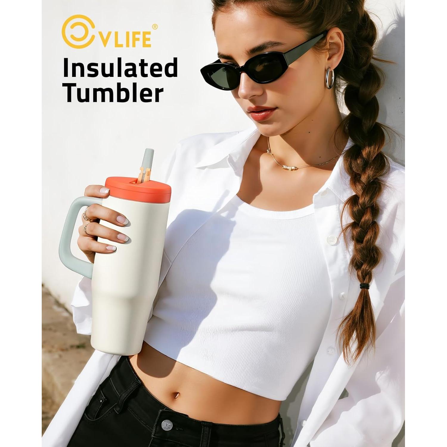 Vaso Aislado CVLIFE 32 oz (0.95 L) con Popote Plegable Beige