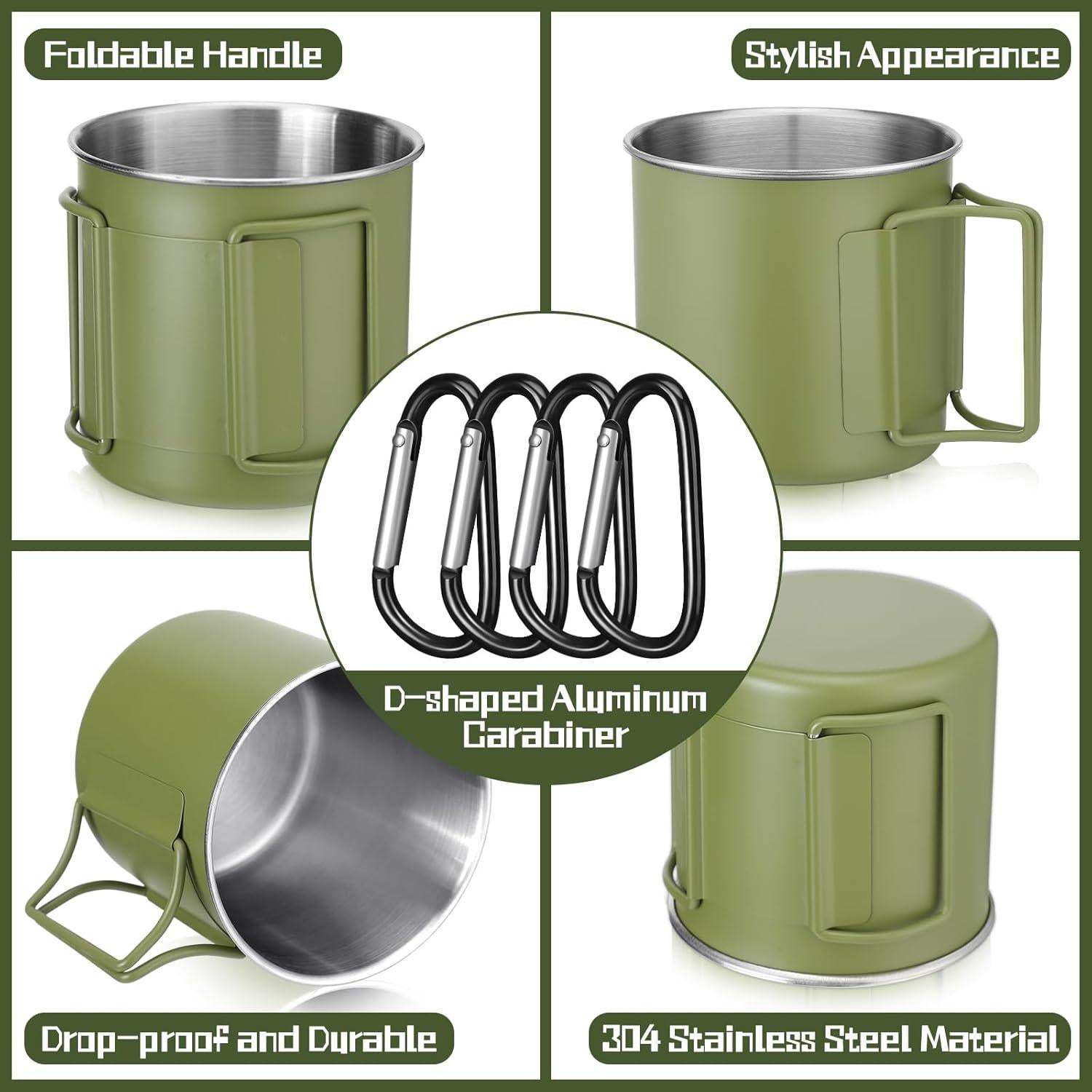 Set de 4 Tazas de Camping Zhehao 355 ml Acero Inoxidable Plegables