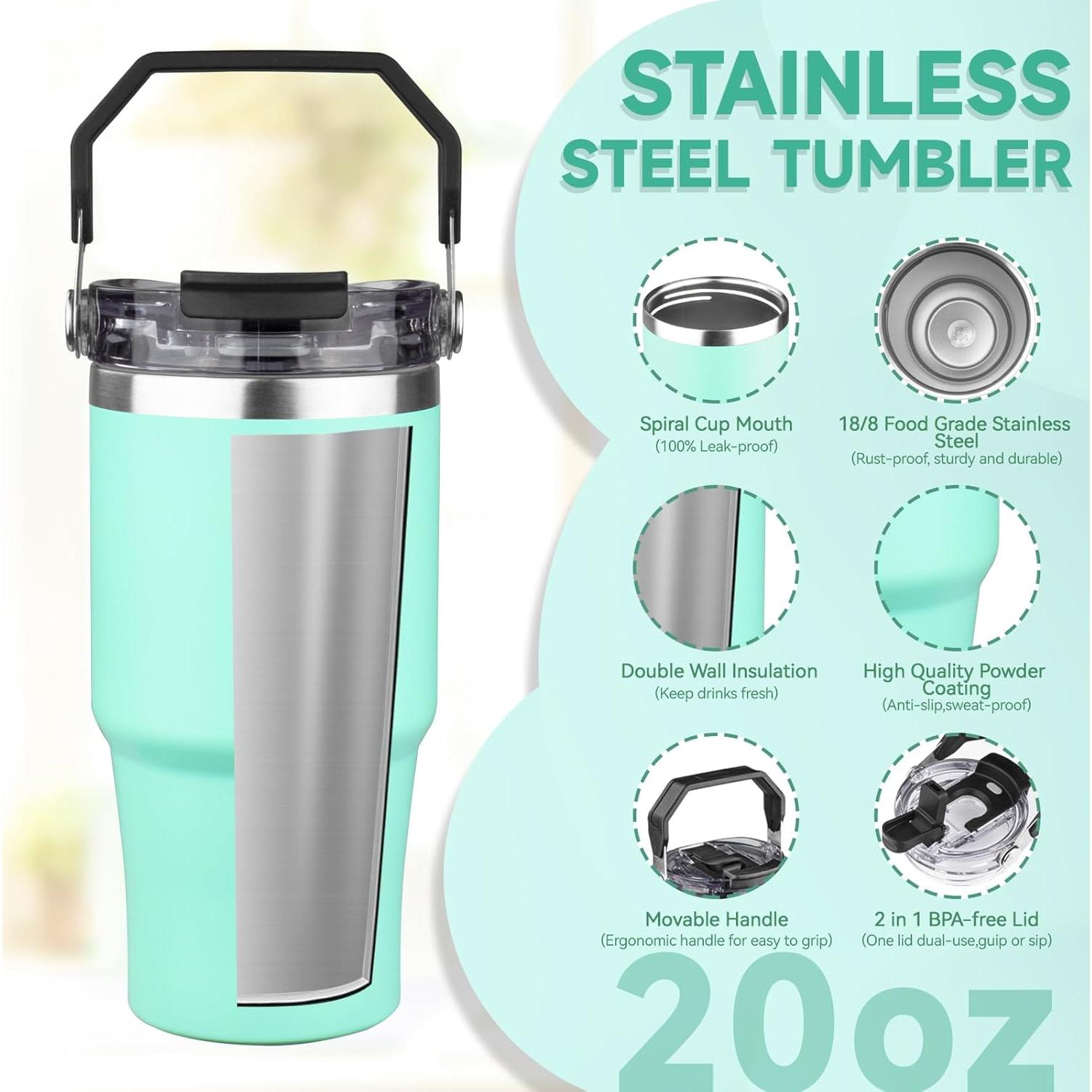 Taza de viaje aislada FLIFQI 20oz verde mate a prueba de fugas