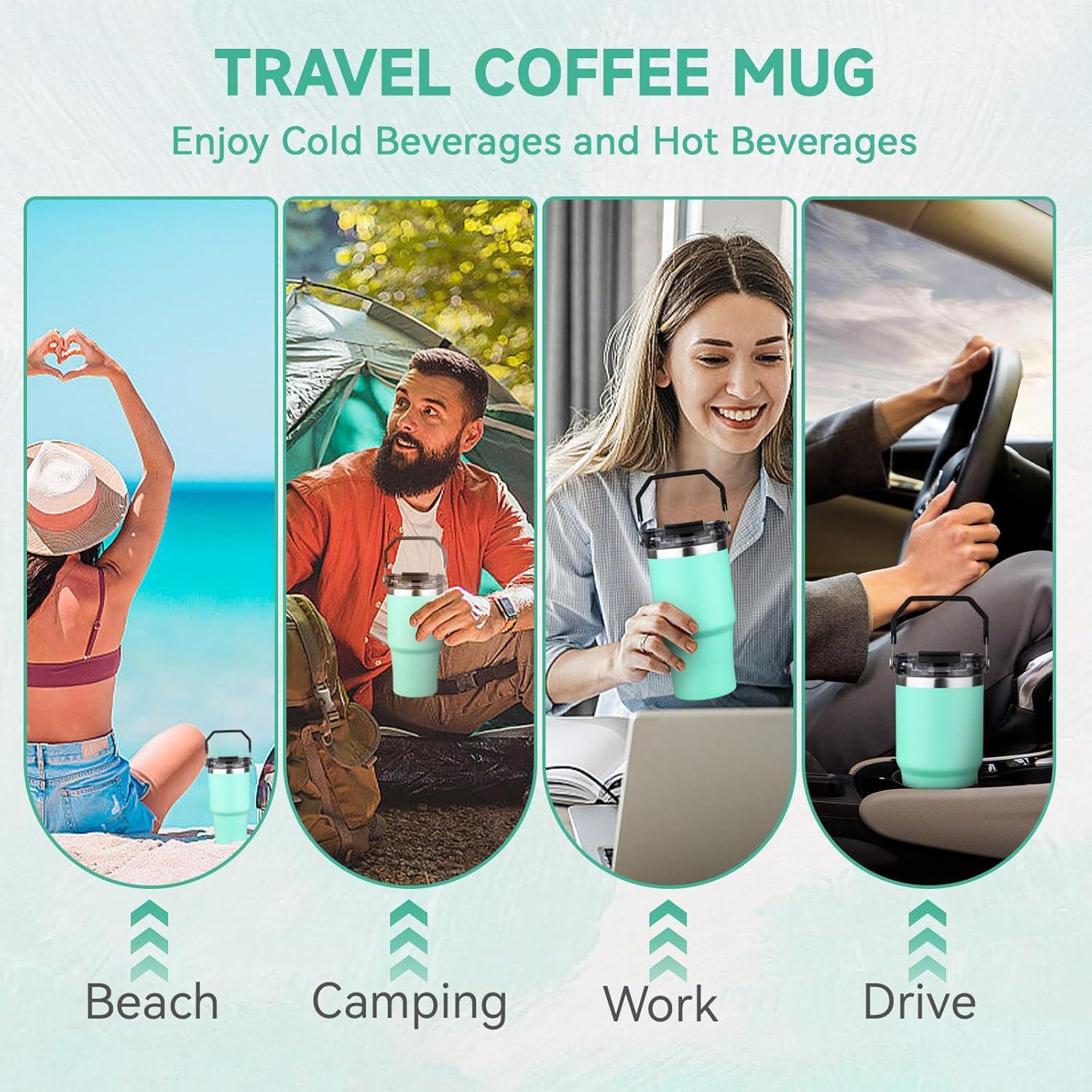 Taza de viaje aislada FLIFQI 20oz verde mate a prueba de fugas