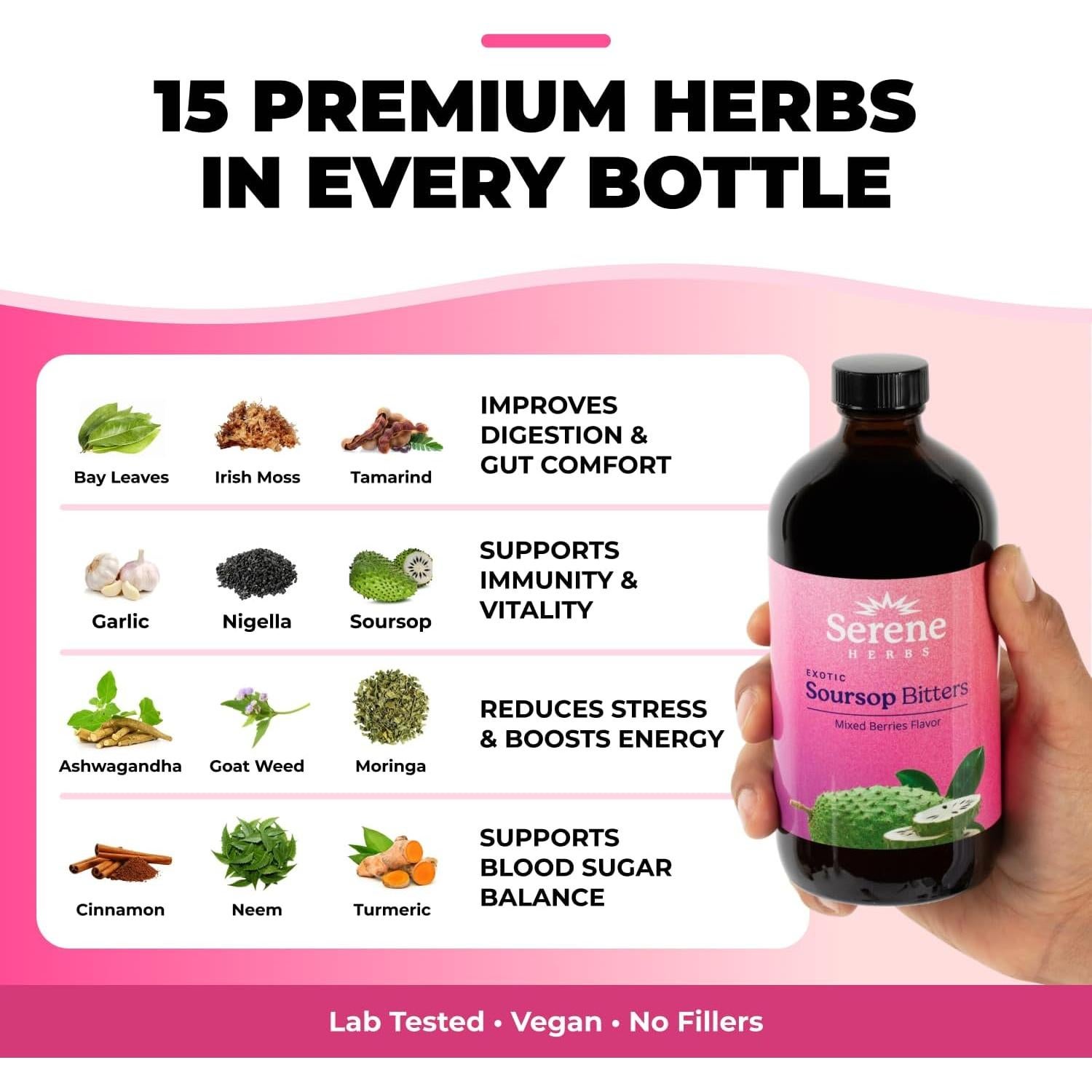 Bitters de Guanábana Serene Herbs 473 ml - Sabor Frutos Rojos - Vegano