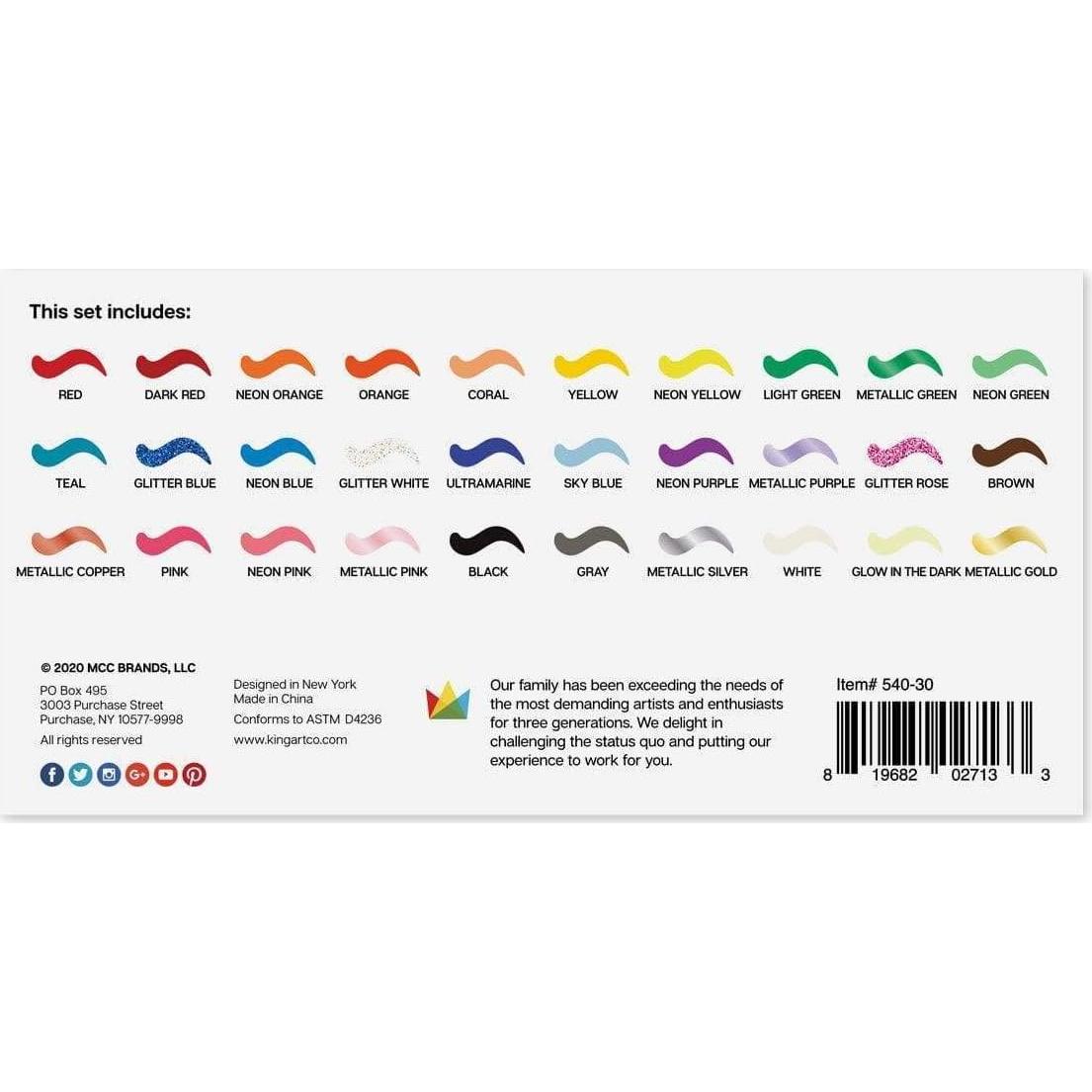 Set de Pintura Textil KINGART 30 Colores 30ml A Prueba de Lavadora