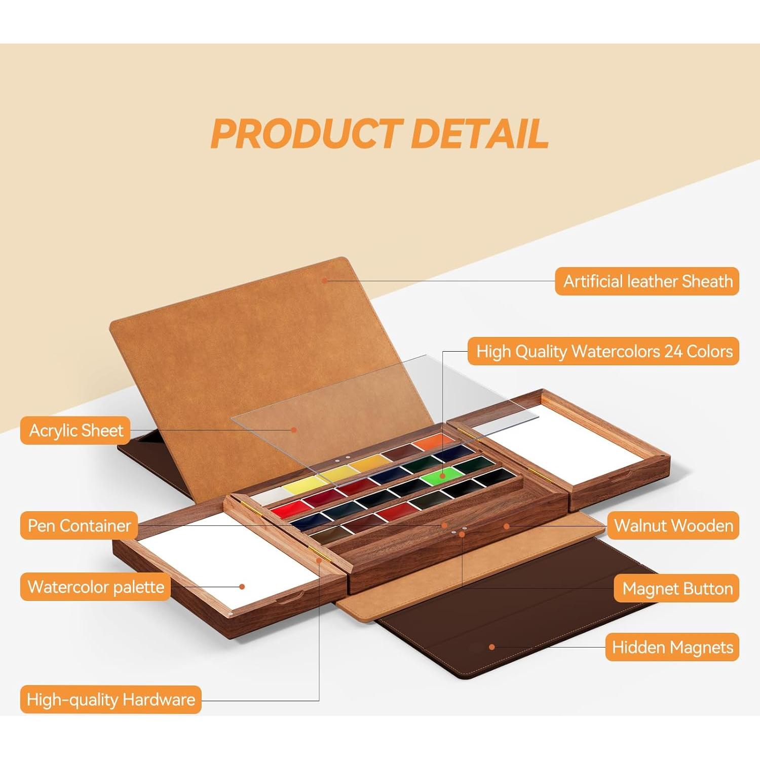 Juego de Pinturas Acuareladas 24 Colores Premium con Paleta de Madera