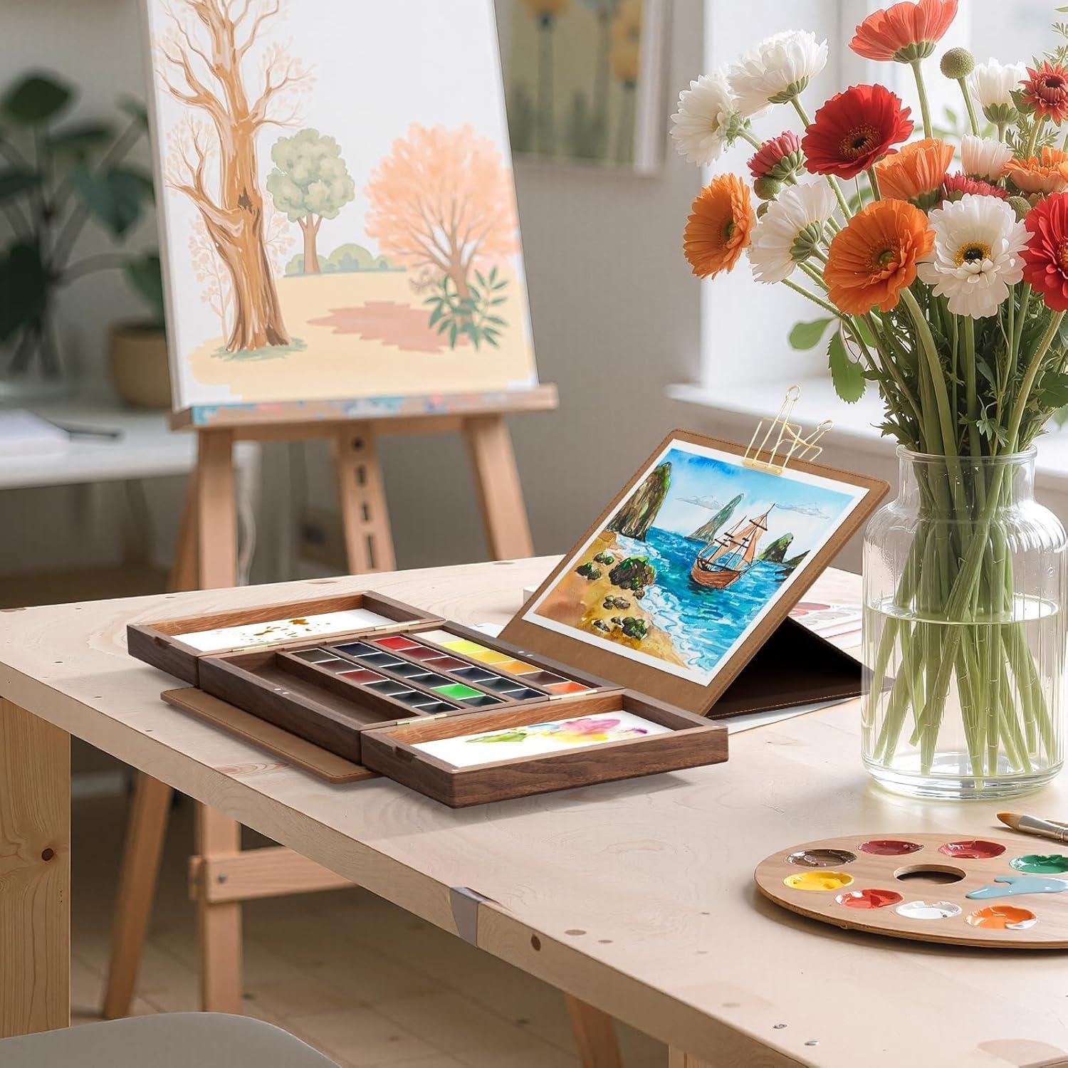 Juego de Pinturas Acuareladas 24 Colores Premium con Paleta de Madera