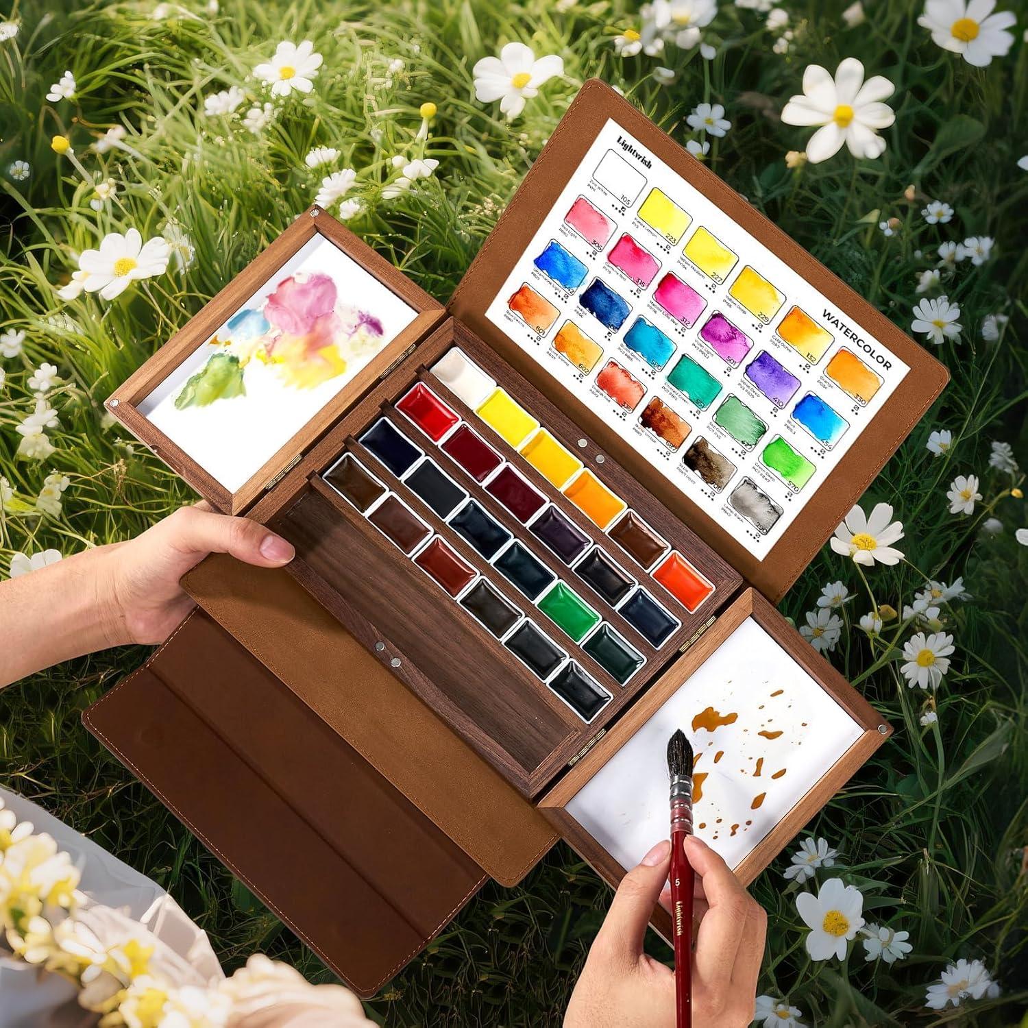 Juego de Pinturas Acuareladas 24 Colores Premium con Paleta de Madera