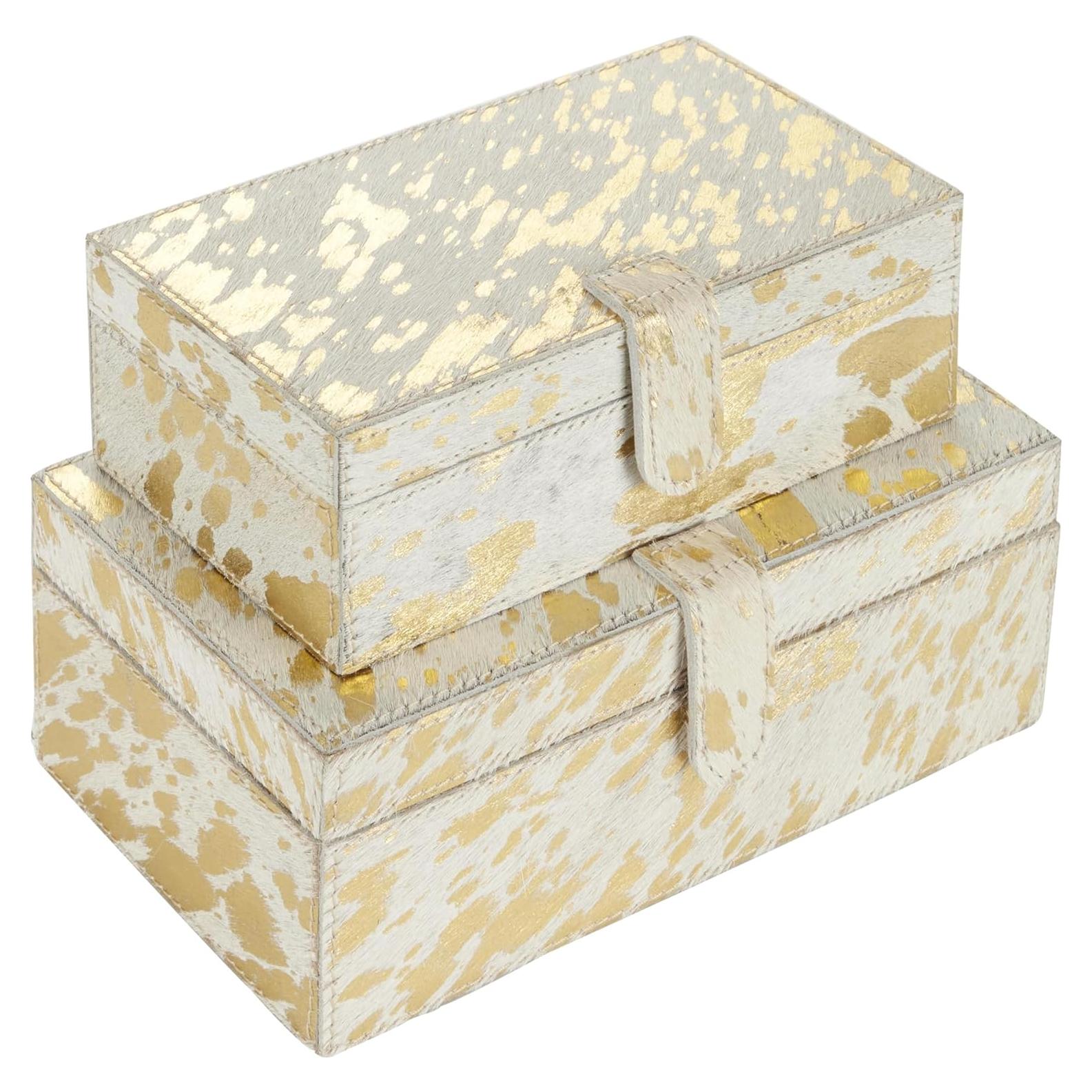 Juego de 2 Cajas Decorativas de Cuero Deco 79 - Oro 20.3 cm y 25.4 cm