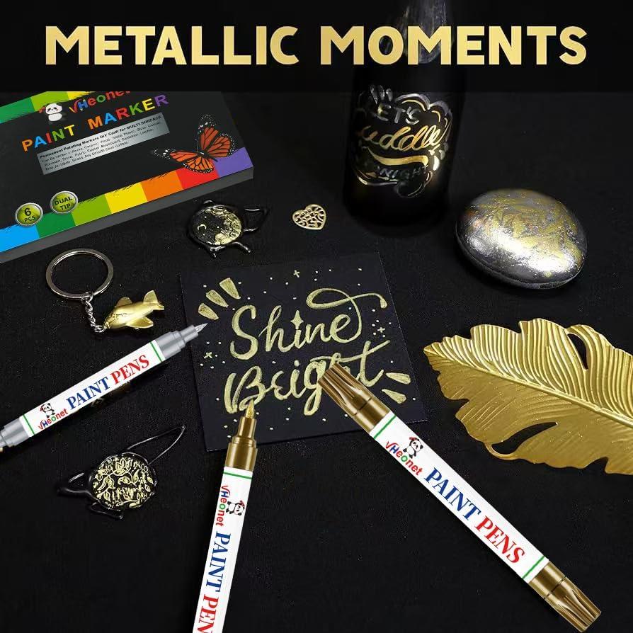 Marcadores de Pintura Metálicos VHEONET - 6 Pzas Dorado y Plateado