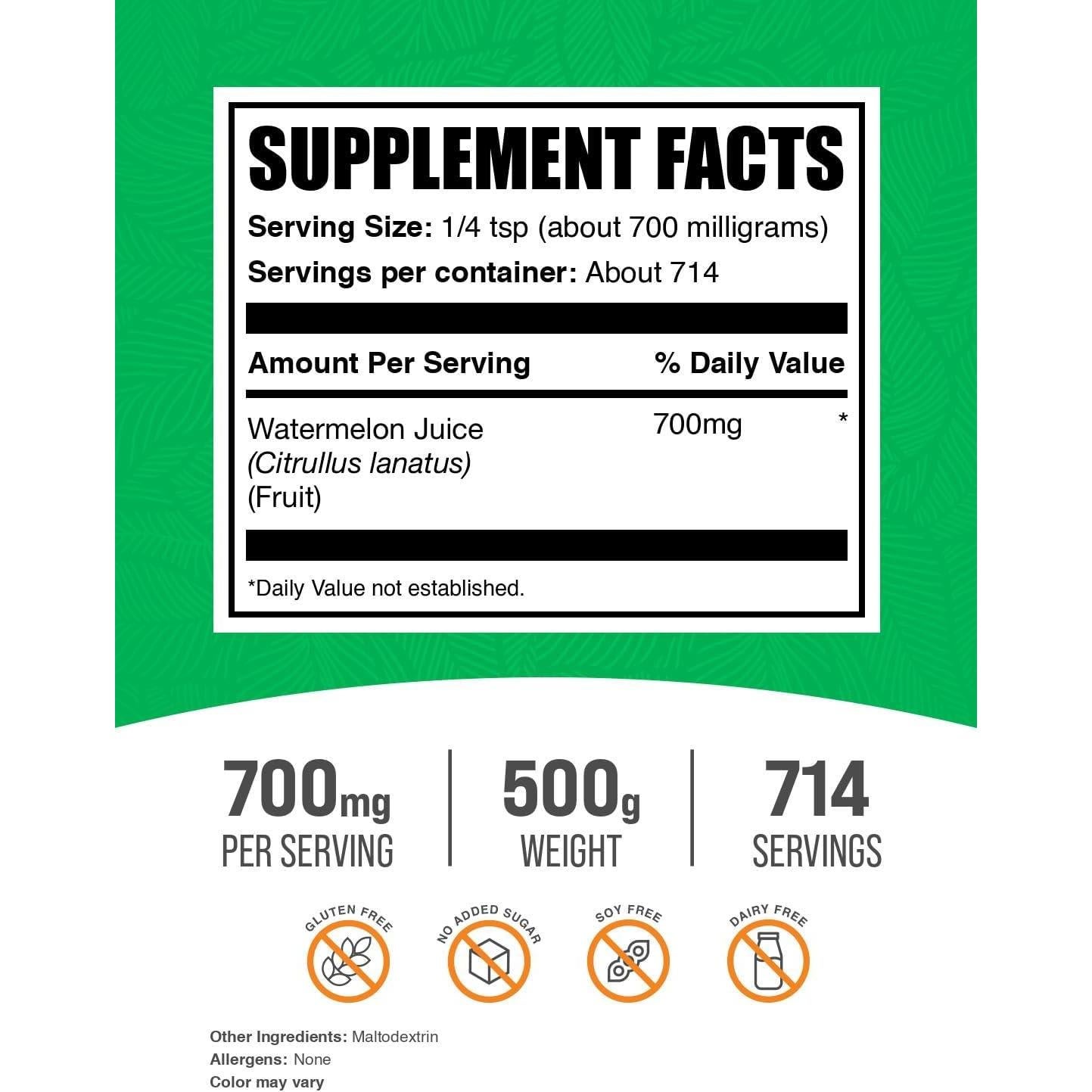 Polvo de Jugo de Sandía BulkSupplements 500g - Suplemento Hidratante