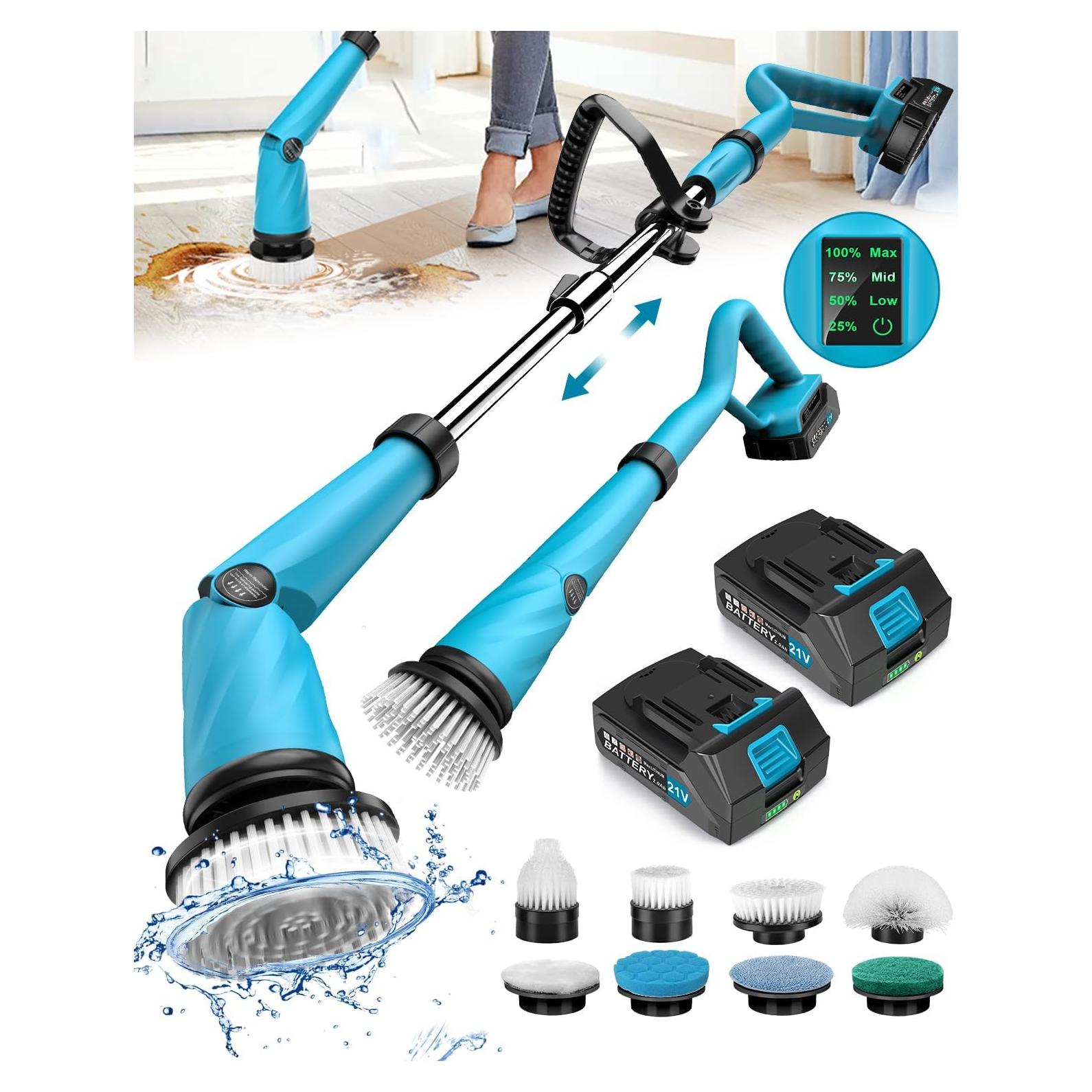 Updated 1500 RPM Battery Electric Spin Scrubber with Handle, 8 Replaceable Shower Scrubber & 2 Battery Powered Cleaning Brush with Display 3 Speed & Adjustable Handle Cordless Power Scrubber for Clean