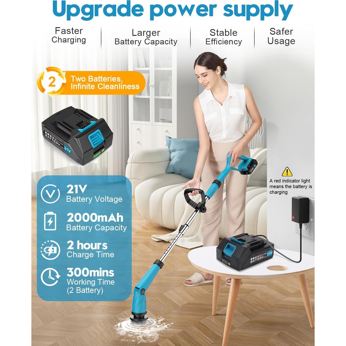 Updated 1500 RPM Battery Electric Spin Scrubber with Handle, 8 Replaceable Shower Scrubber & 2 Battery Powered Cleaning Brush with Display 3 Speed & Adjustable Handle Cordless Power Scrubber for Clean