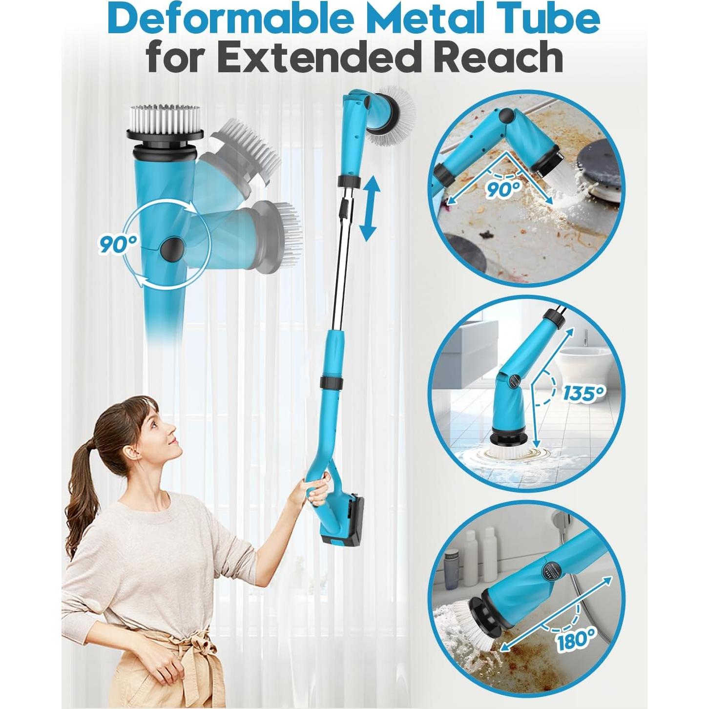 Updated 1500 RPM Battery Electric Spin Scrubber with Handle, 8 Replaceable Shower Scrubber & 2 Battery Powered Cleaning Brush with Display 3 Speed & Adjustable Handle Cordless Power Scrubber for Clean