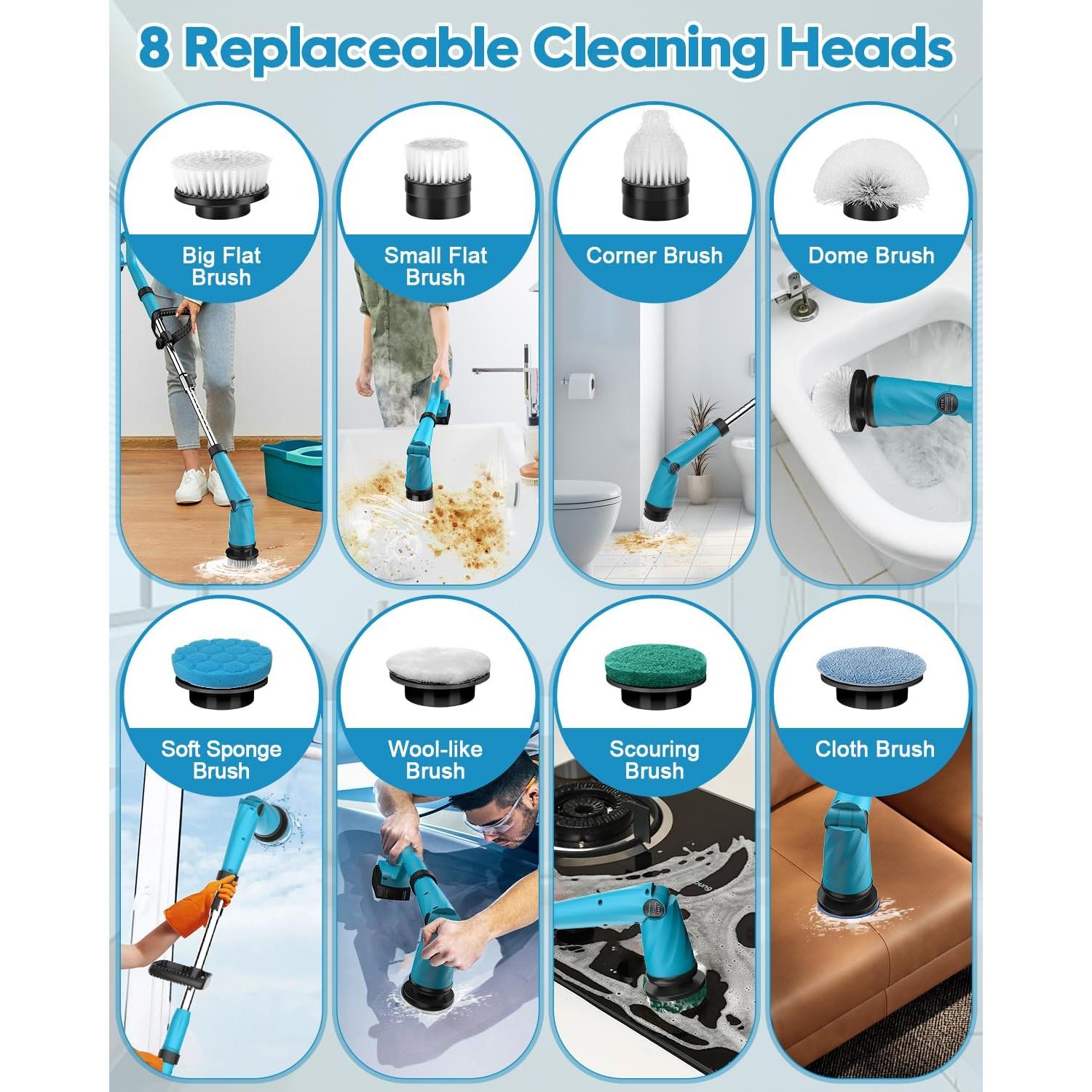 Updated 1500 RPM Battery Electric Spin Scrubber with Handle, 8 Replaceable Shower Scrubber & 2 Battery Powered Cleaning Brush with Display 3 Speed & Adjustable Handle Cordless Power Scrubber for Clean