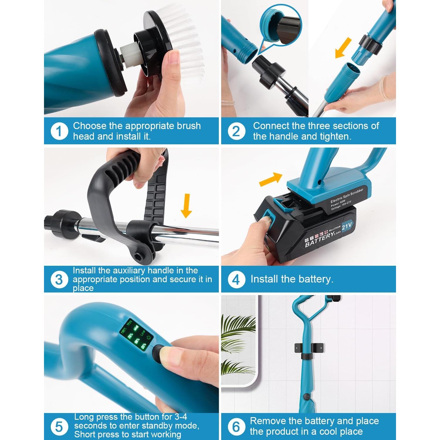 Updated 1500 RPM Battery Electric Spin Scrubber with Handle, 8 Replaceable Shower Scrubber & 2 Battery Powered Cleaning Brush with Display 3 Speed & Adjustable Handle Cordless Power Scrubber for Clean