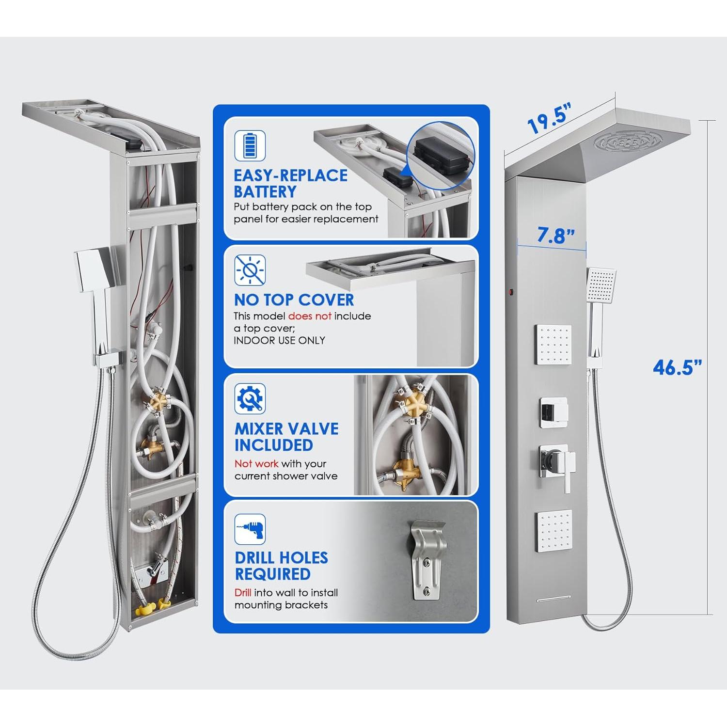 Panel de Ducha ROVOGO Acero Inoxidable 118.1 cm LED 4 Funciones