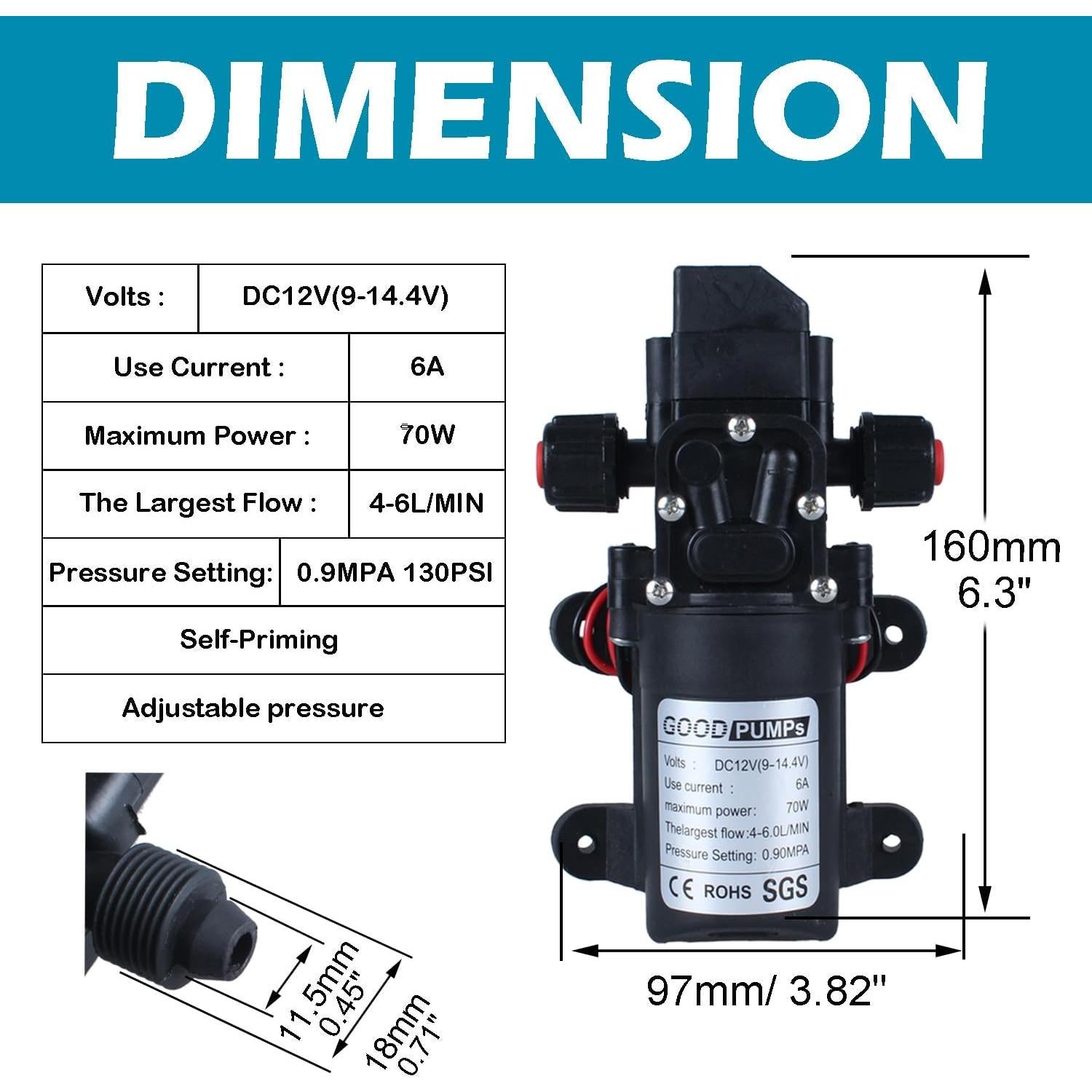 Bomba de Pulverización de Agua DIANQI 12V 70W Autocebante 6L/min