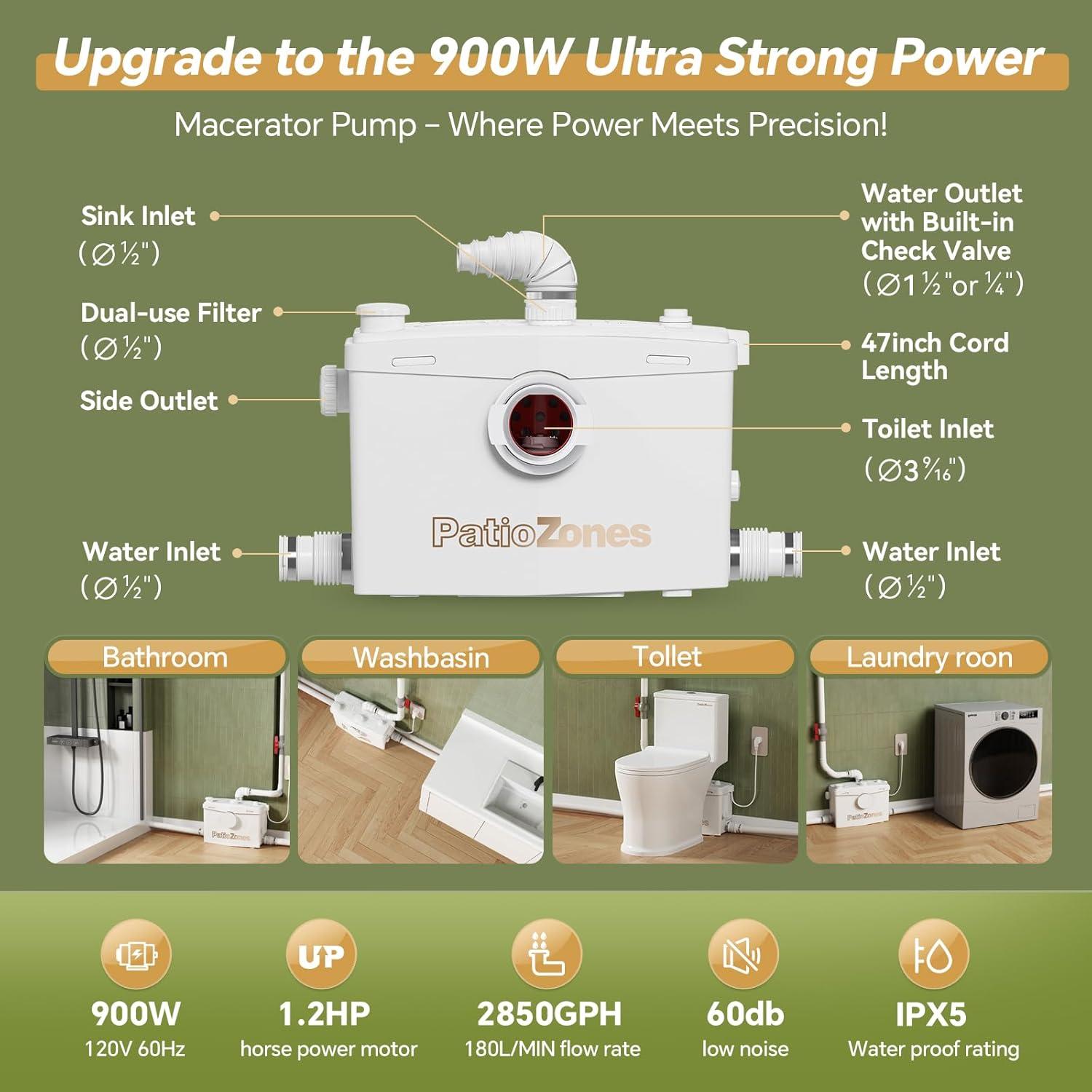 Bomba Maceradora Patio Zone 900W 1.2HP Drenaje 12m