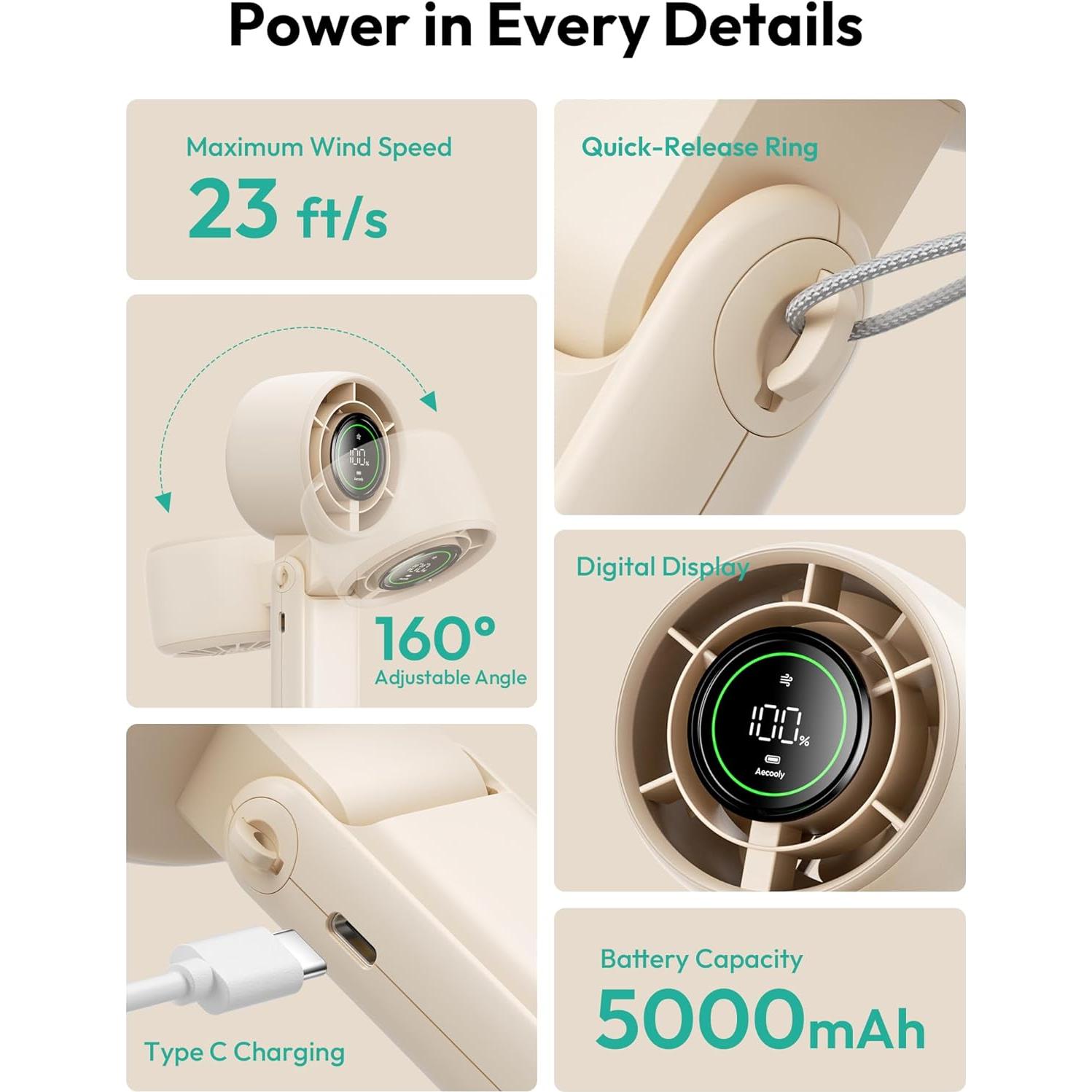 Ventilador Portátil 3 en 1 Aecooly Beige Recargable USB