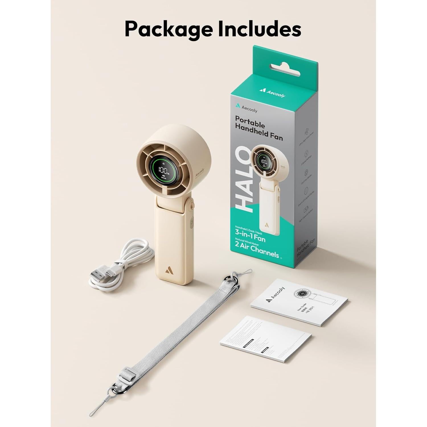 Ventilador Portátil 3 en 1 Aecooly Beige Recargable USB