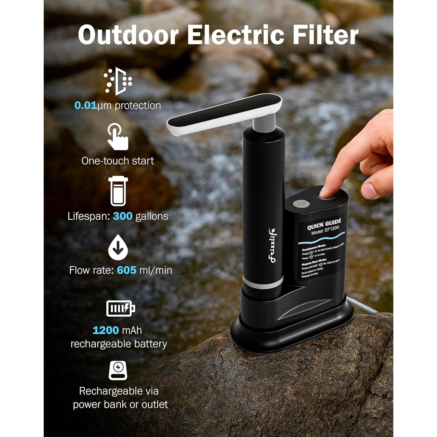 Filtro de Agua Eléctrico Frizzlife EF1200 para Camping 1135L