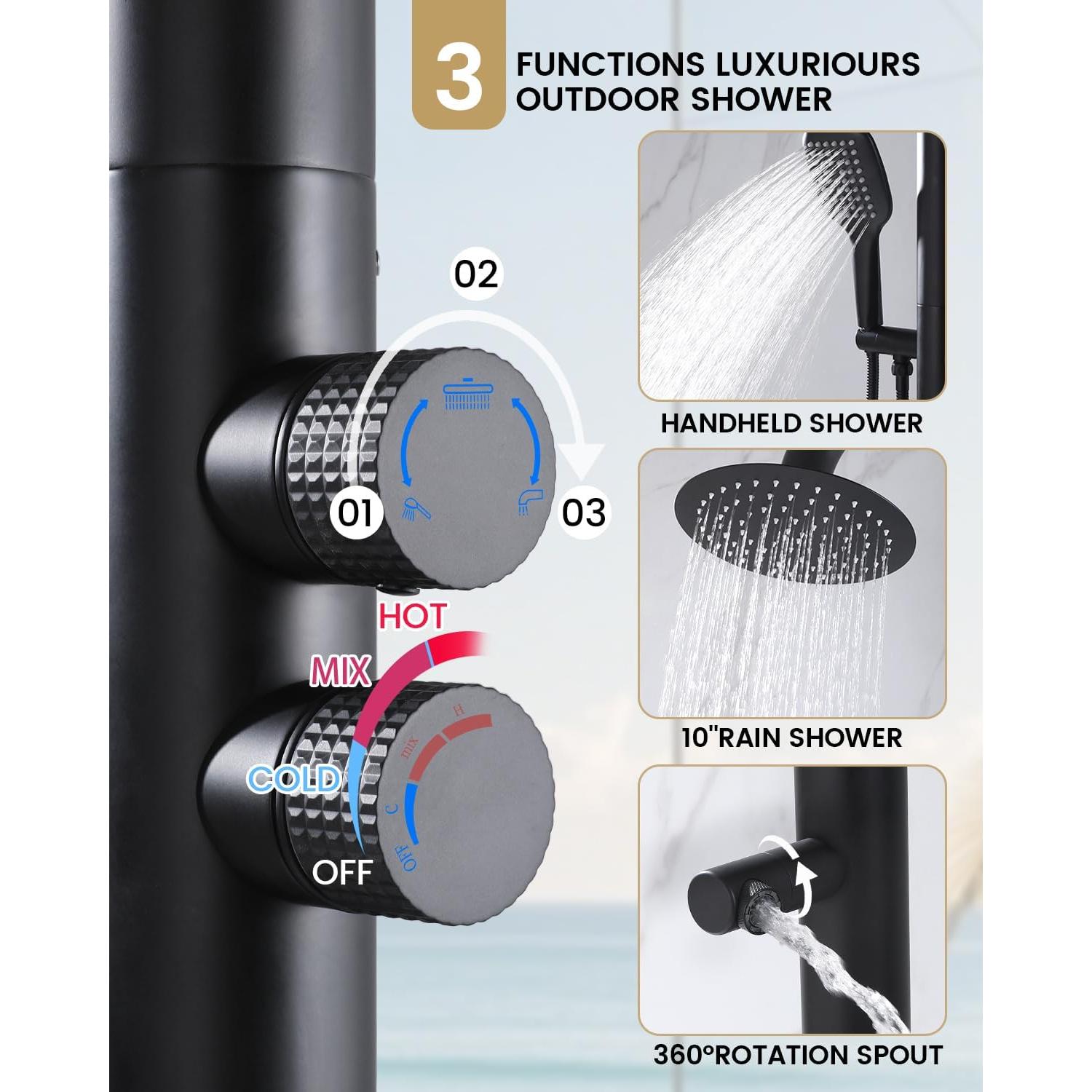 Ducha Exterior Chalirs Acero Inoxidable 316 10" Negro Mate