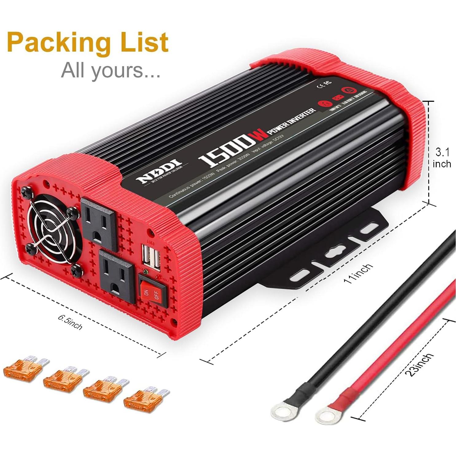 Inversor de Potencia NDDI 1500W 12V DC a 220V AC con USB